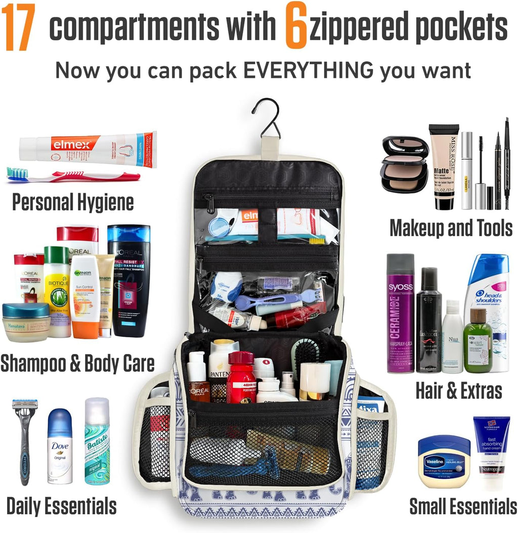 VENTURE 4TH Hanging Travel Toiletry Bag for Women & Men - Travel Organizer with Expandable Compartments & Removable Clear Pouch for Toiletries (Blue Elephant)