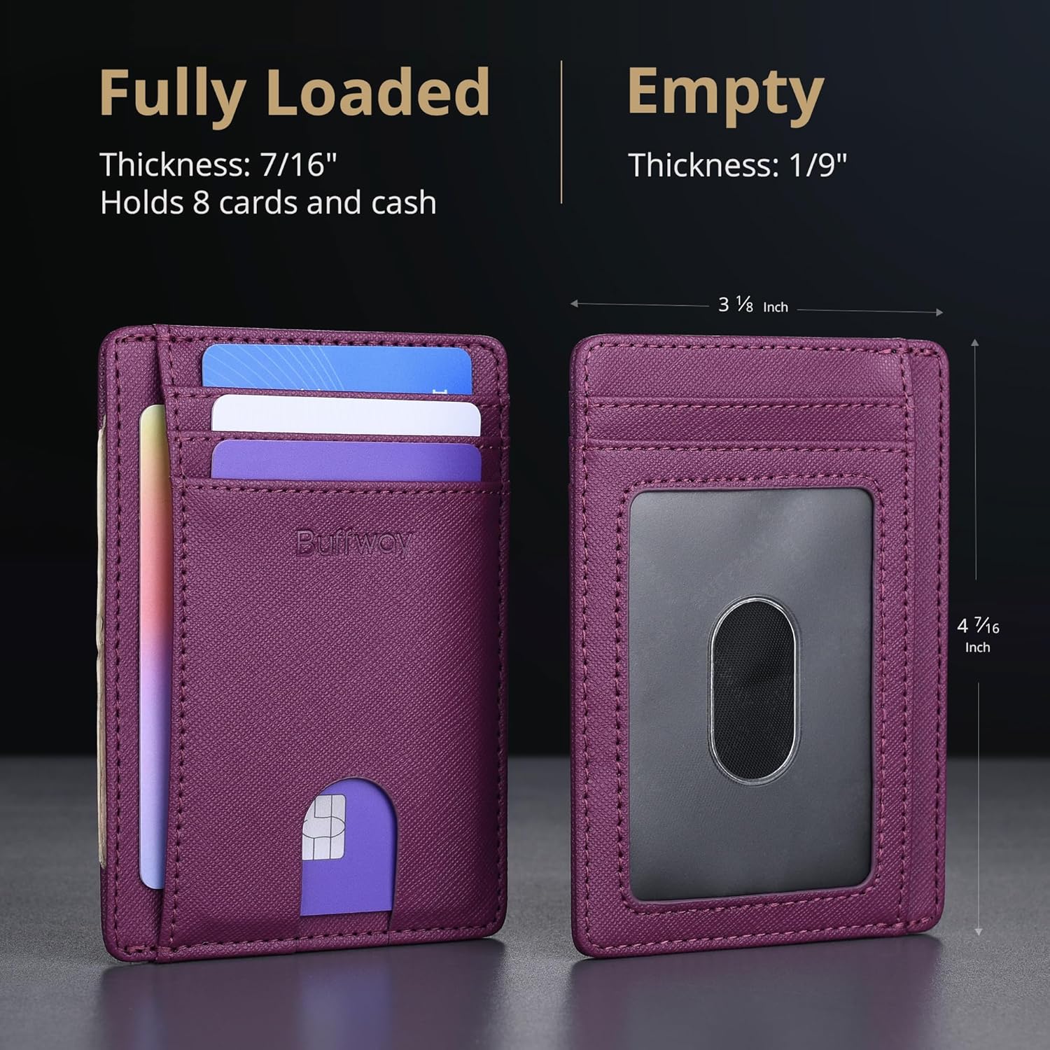Buffway Slim Minimalist Front Pocket RFID Blocking Leather Wallets for Men and Women - Cross Purple