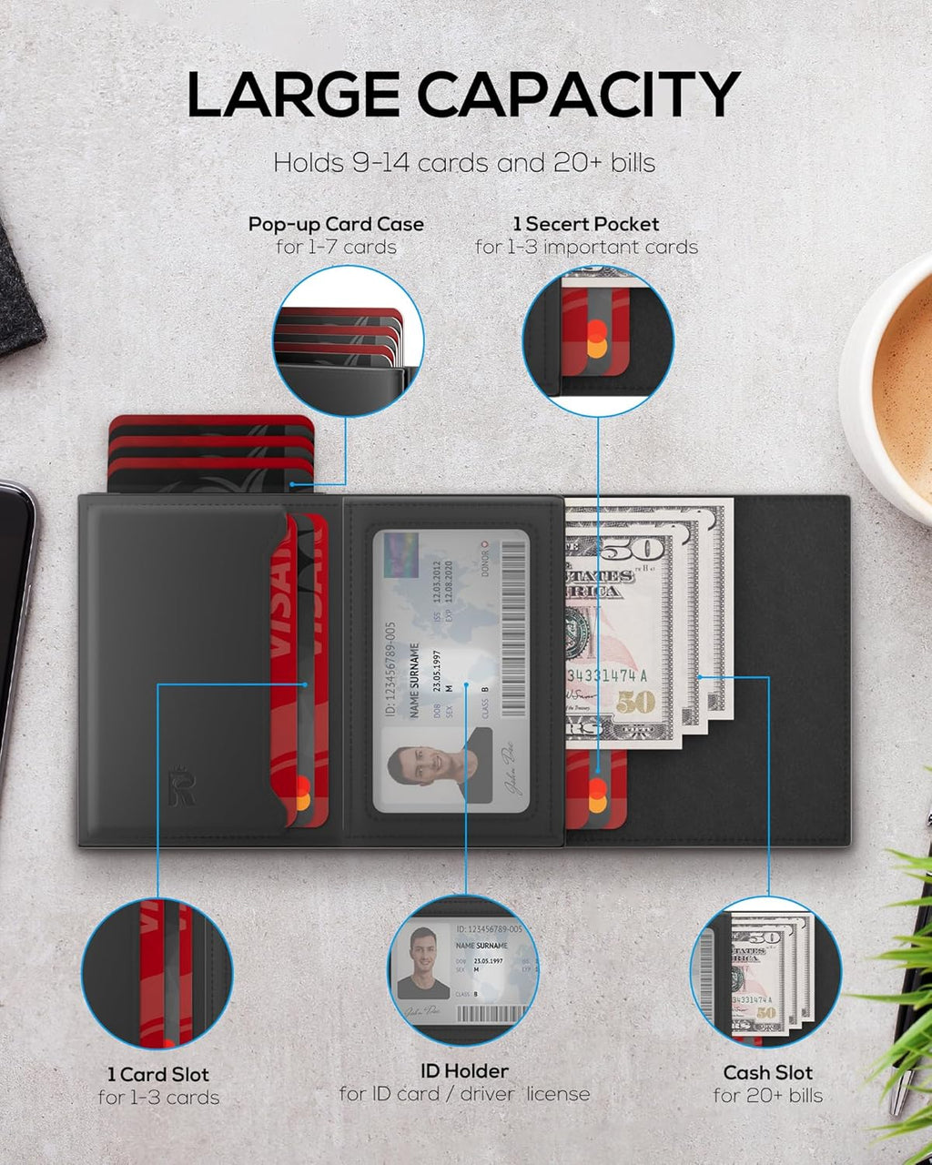 Mens Wallet Card Holder - Smart Wallet for Men, Pop Up Card Case, Top Grain Leather, RFID Blocking, Slim, Minimalist, Ultra Thin, Front Pocket, 9-14 Card Capacity | ID Window | Cash Slot (Black)