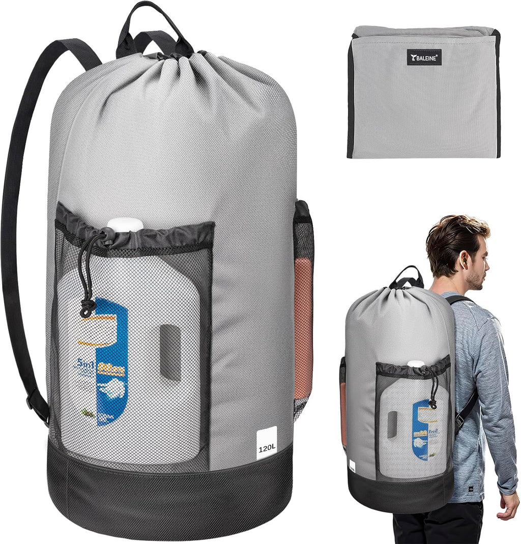 BALEINE 120L Laundry Bag Backpack, 900D Oxford Fabric Large Travel Laundry Bags with Shoulder Straps and 2 Mesh Pockets for College Dorm, Apartment, Laundromat (Gray, 120L)