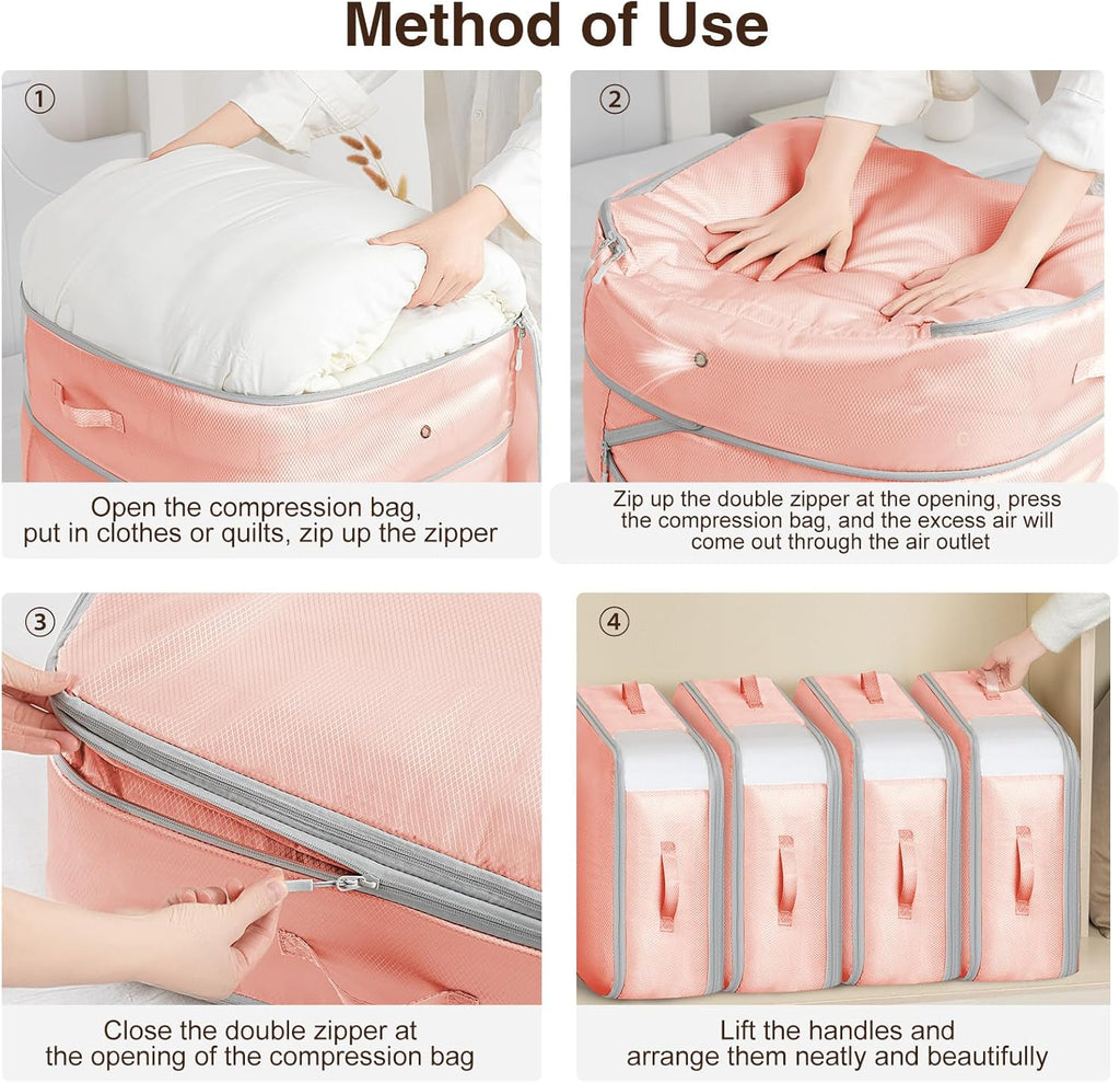 1 Pack Compression Storage Bags - 110L Large Capacity Comforter Storage Bag, 3-Layer Washable Ultra Space Saving Self Compression Organizer Space Bags for Blankets, Sweaters, Sheets, Pink