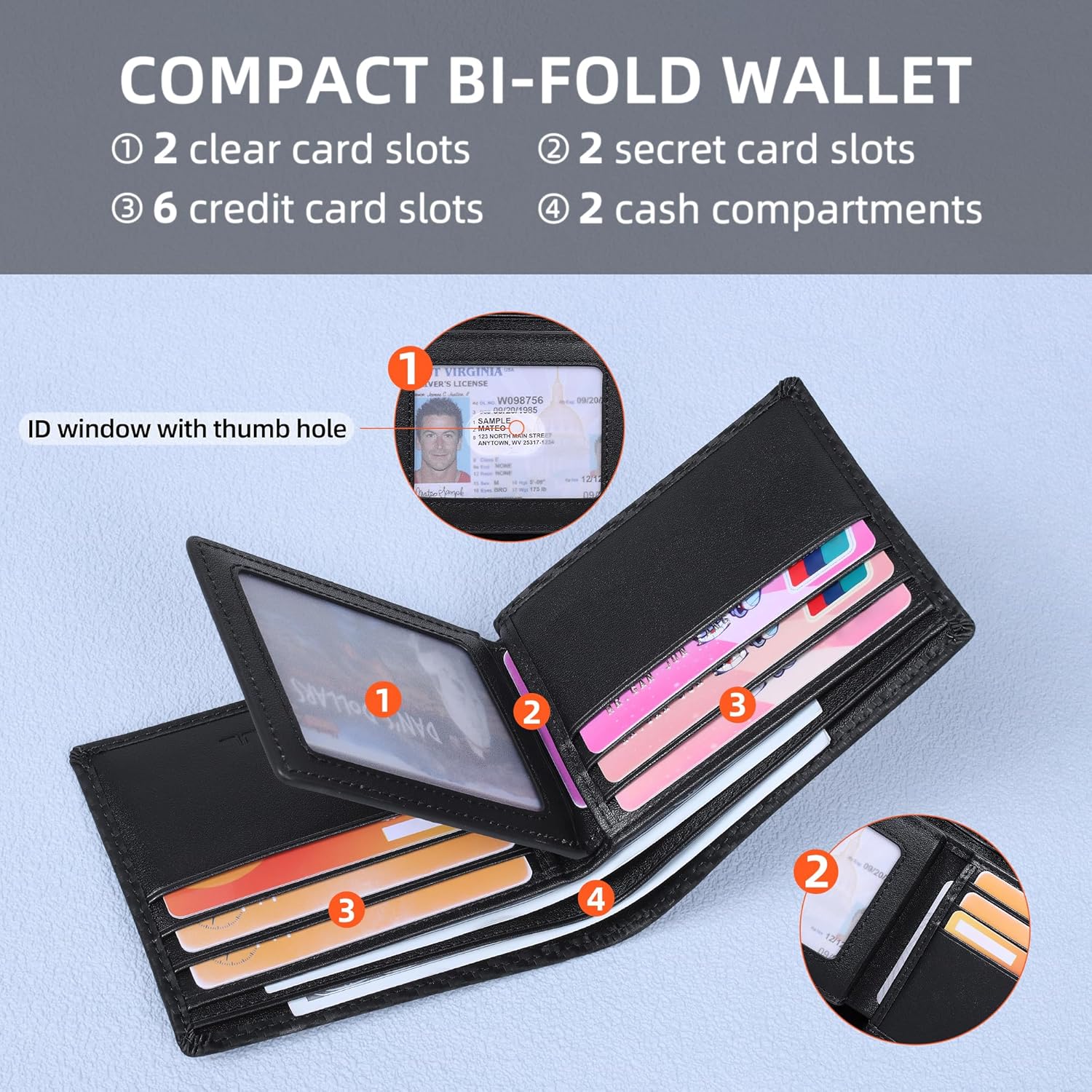 VISOUL Mens Carbon Fiber Leather Bifold Wallet with 2 ID Windows, RFID Blocking Secure Designer Wallets for Men with Two Cash Compartments (Black+Black)