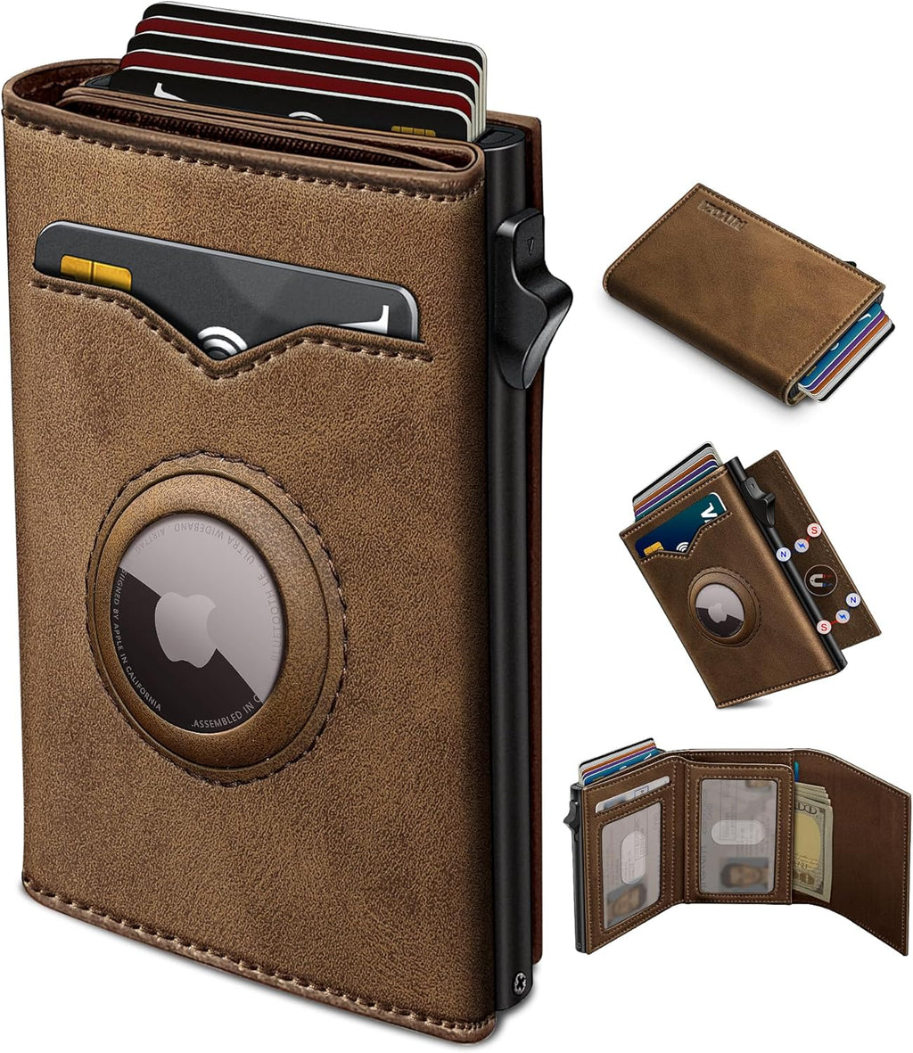 Airtag Wallet for Men,with Cash Pocket 2 ID Window 9-12 Cards,Metal Case Smart Slim Pop Up Credit Card Holder Flip with Magnetic Closure RFID Blocking Trifold wallet with Gift Box