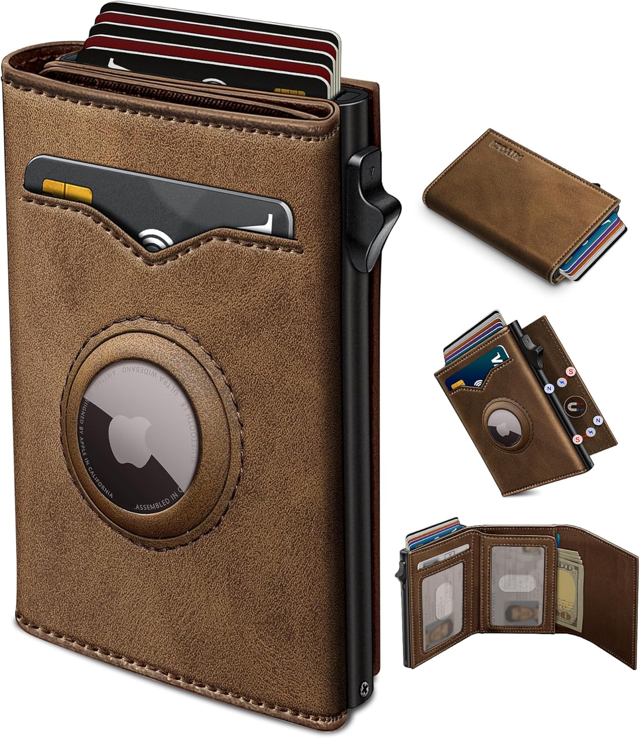 Airtag Wallet for Men,with Cash Pocket 2 ID Window 9-12 Cards,Metal Case Smart Slim Pop Up Credit Card Holder Flip with Magnetic Closure RFID Blocking Trifold wallet with Gift Box