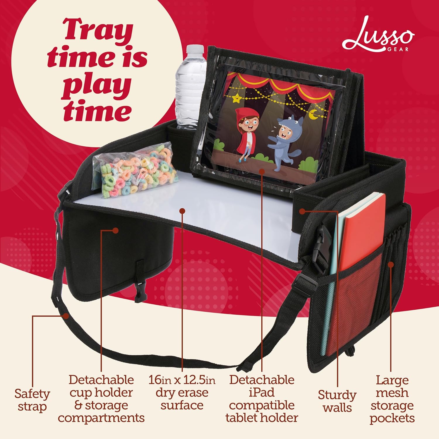 Lusso Gear Car Seat Tray for Kids Travel - Black 600D Oxford Lap Desk Organizer with Dry-Erase Surface, Tablet Stand, Snack Holder & Cup Holder - Travel Tray for Kids Car Seat