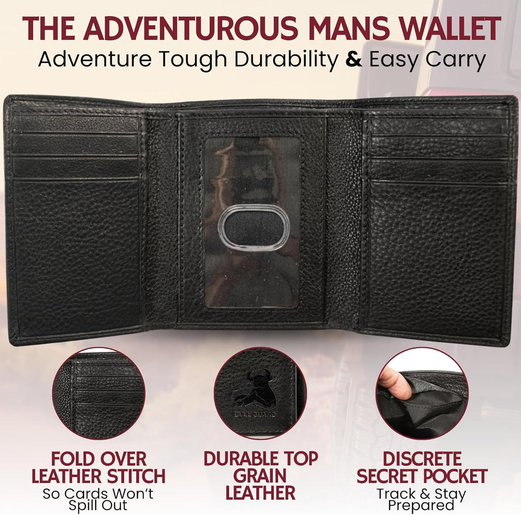 BULL GUARD Mens RFID Wallet, Black Top Grain Genuine Leather, ID and Secret Pocket, Trifold for Work, Sport, Outdoors