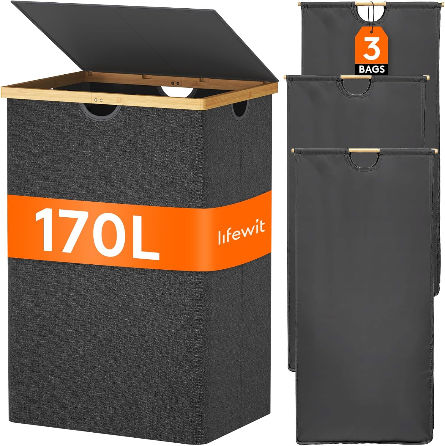 Lifewit 170L Triple Laundry Hamper with Lid, Extra Large Bamboo Laundry Basket Dirty Clothes Hamper,3 Section Laundry Bin Organizer for Laundry Room Bedroom with 3 Removable Liners & Bags, Dark Gray