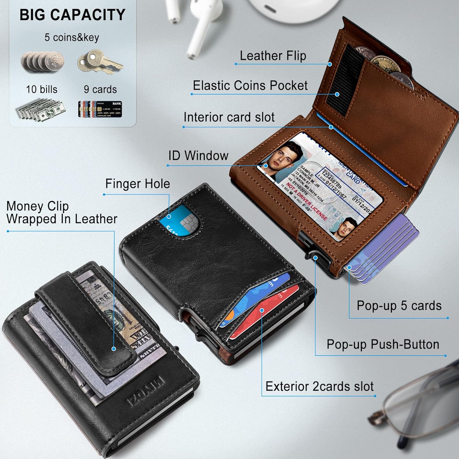 Men Wallet,with Money Clip Coins Pocket ID Window,Slim Front Pocket RFID Blocking Pop-up Card Holder 3.9"x 2.7", Gift Boxed