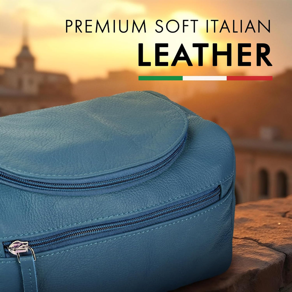 ELIZO Premium REAL Leather Toiletry Bag for Men Dopp Kitt Hanging Mens Toiletry Large TSA Toiletries Bag Shaving Grooming Bag Organizer Espresso (Blue, Large)