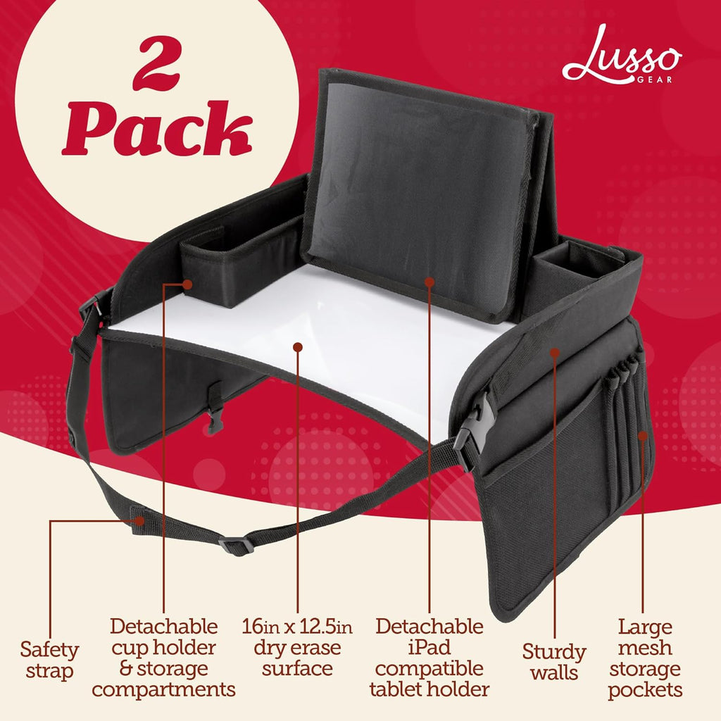 Lusso Gear Kids Travel Tray 2-Pack for Car Seats - Car Seat Tray with Tablet Stand, Mesh Pockets and Cup Holder - Road Trip Essentials Organizer and Activity Desk (Black)