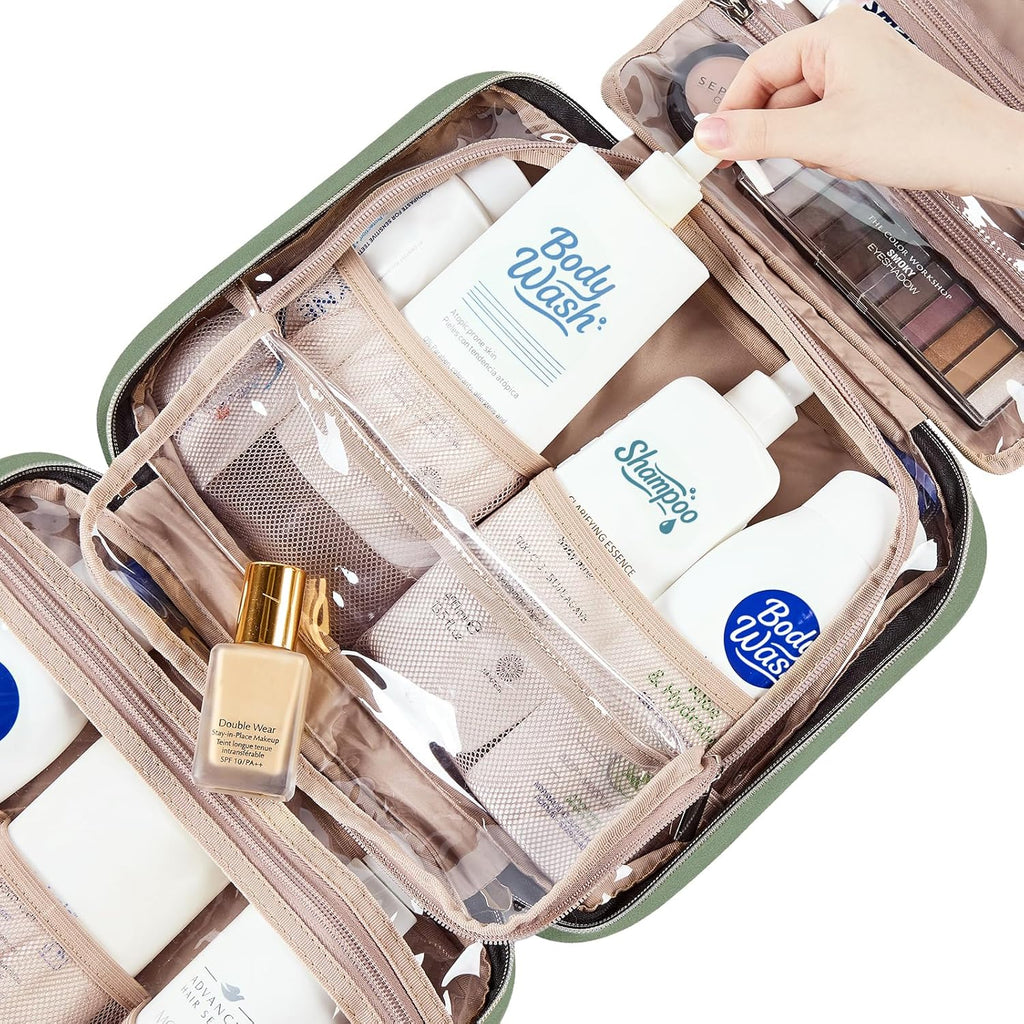 NISHEL Large Double Layer Travel Makeup Bag Women, Cosmetic Case, Organizer for Travel-Size Accessories Bottles, Brushes, Conditioner, and Skin Care Products, Bronze Green