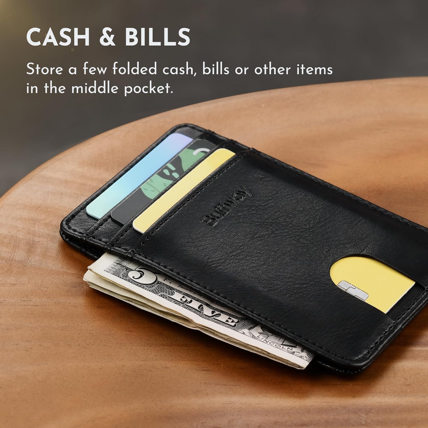 Buffway Mens Slim Wallet, Minimalist Thin Front Pocket Leather Credit Card Holder with RFID Blocking for Work Travel