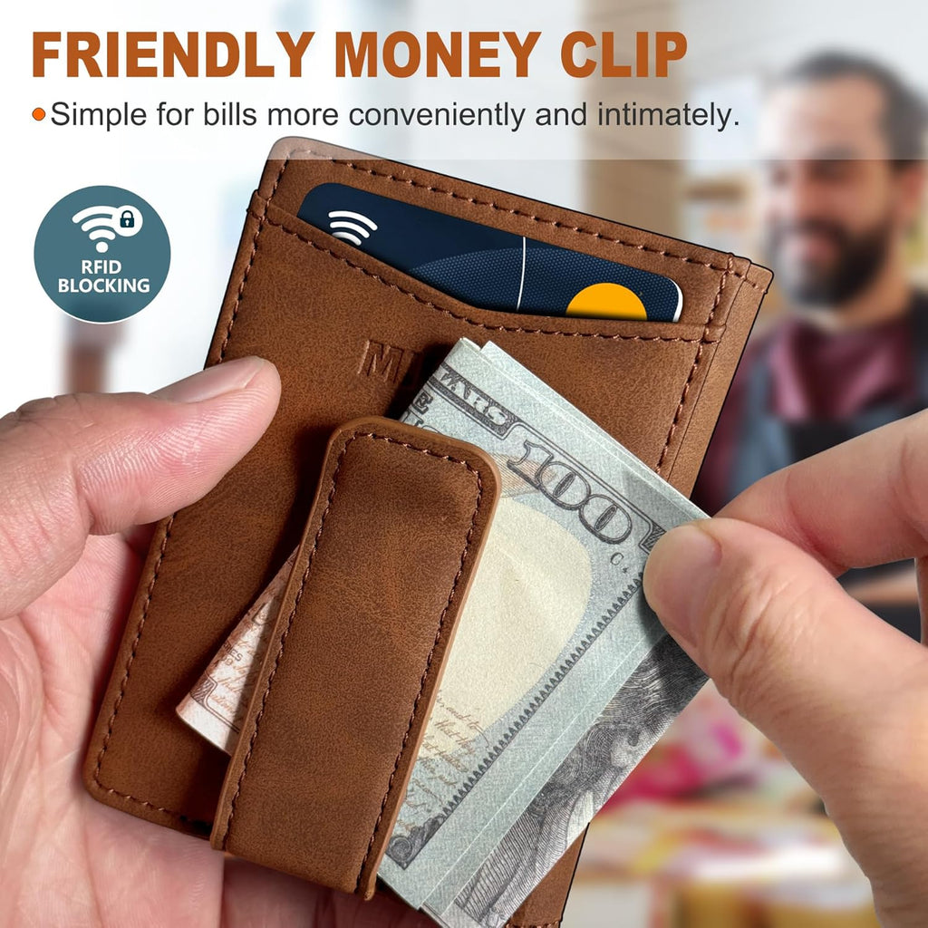 Airtag Wallet for Men- with Money Clip Gift Boxed, Magnetic Closure Slim Genuine Leather Front Pocket Wallet, 4.1"x 2.8", RFID Blocking