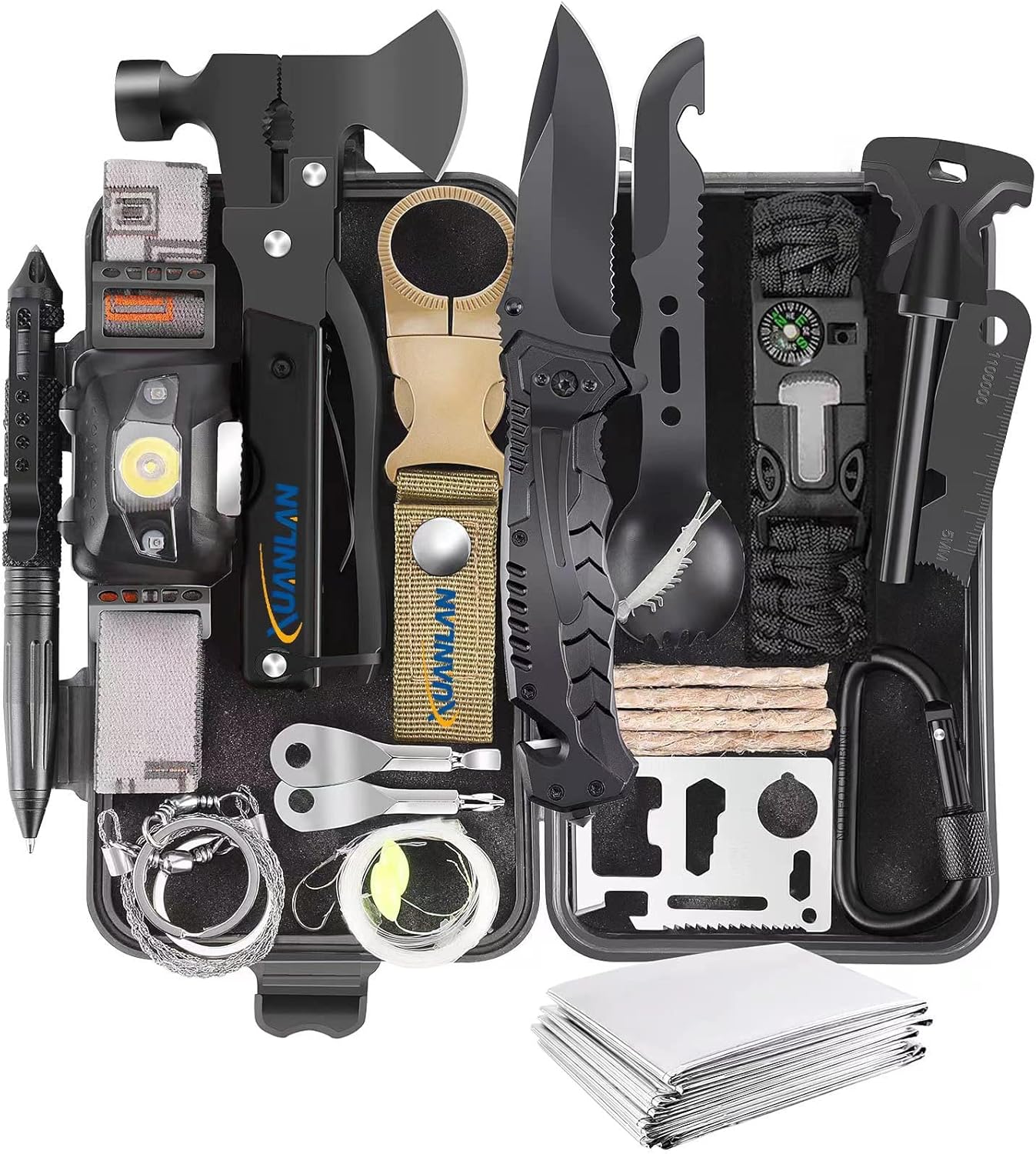 XUANLAN Emergency Survival Kit, Outdoor Survival Gear Tool with Survival Bracelet, Fire Starter, Whistle, Wood Cutter, Water Bottle Clip, Pen (29 in 1)
