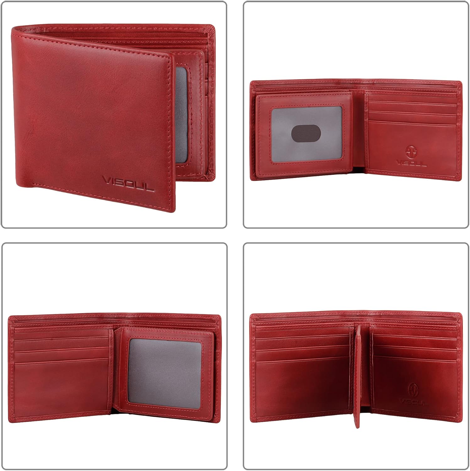 VISOUL Leather Mens Bifold RFID Blocking Wallet with 2 ID Windows, Leather Wallet for Men (Leather, Burgundy)
