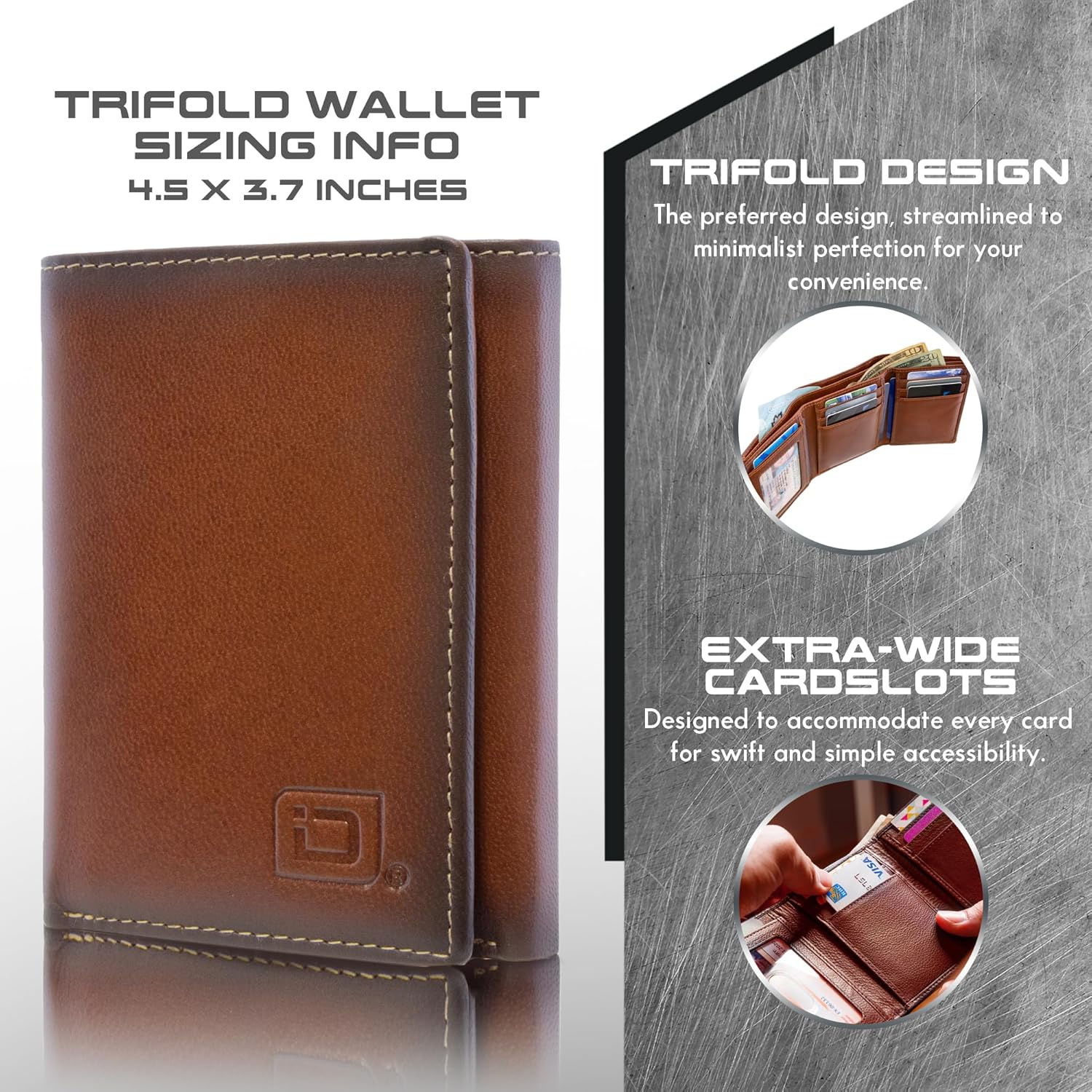 ID Stronghold Extra Capacity Trifold Wallet for Men - RFID Blocking Genuine Leather Wallet (Antiqued Brown)