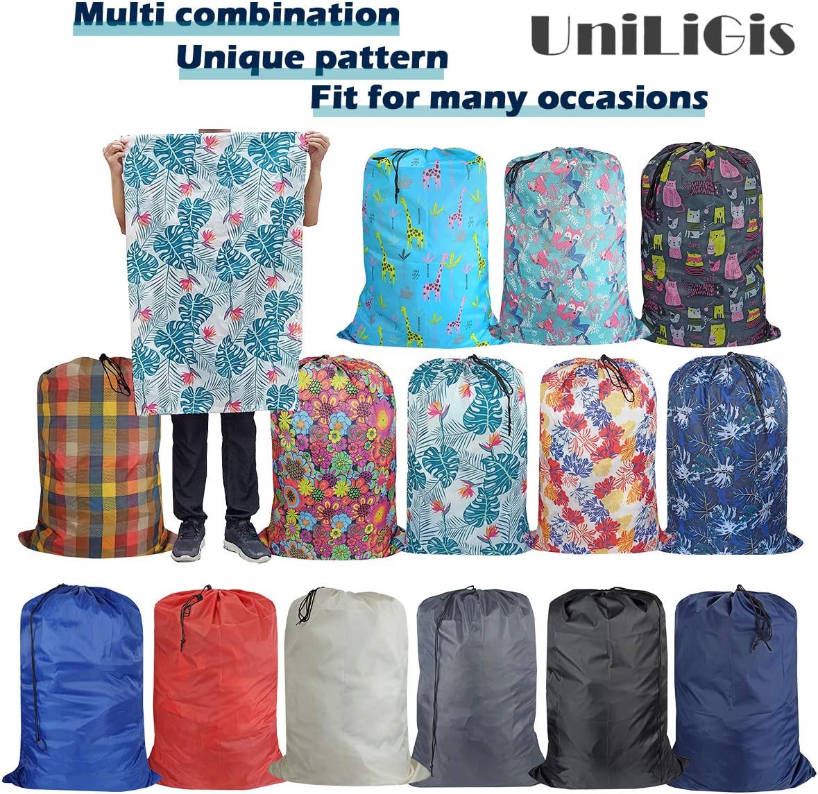 Washable Travel Laundry Bag with Drawstring, Large Dirty Clothes Bag Fit a Laundry Basket or Clothes Hamper, Enough to Hold 4 Loads of Laundry,26x39 inches (RoyalBlue Black Grey)