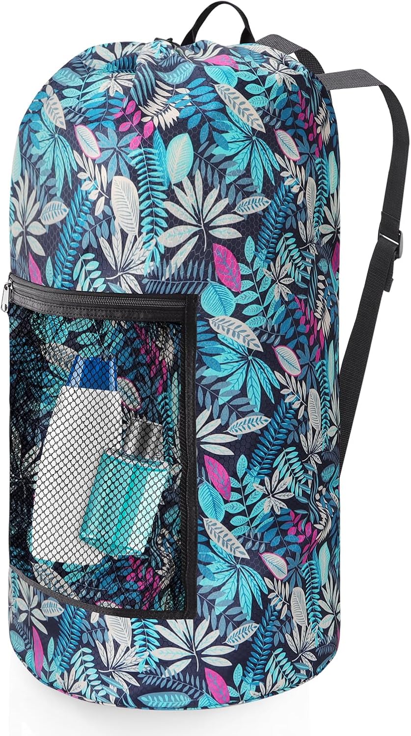 Portable with Adjustable Shoulder Straps Travel Dirty Laundry Bag,with Drawstring Closure & Mesh Pocket Backpack Laundry Bag for College,Apartment,Camping(Green Leaf)