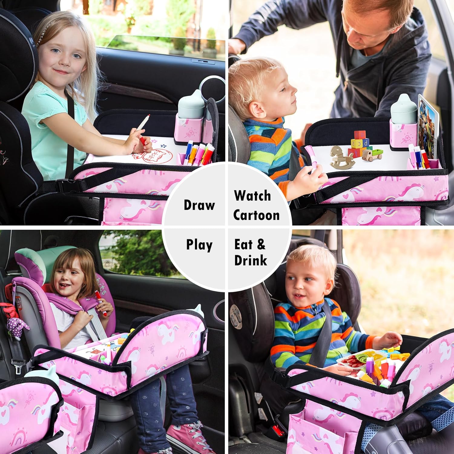 Kids Travel Tray, Travel Tray for Kids Car Seat, Toddler Car Seat Lap Tray, Carseat Tray for Kids Travel, Carseat Table Tray for Kids Travel Activities (Dark Pink)