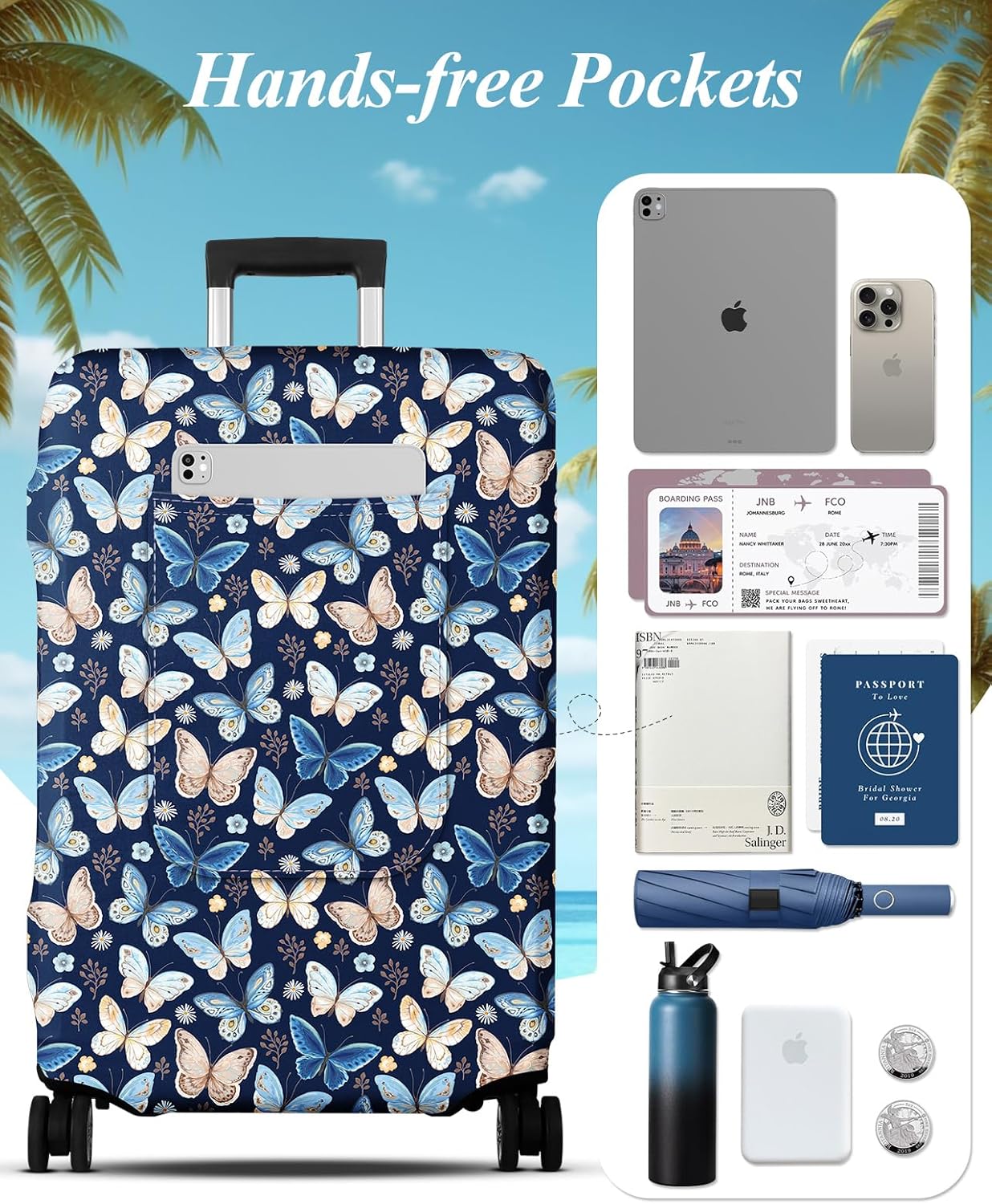 Slohif Luggage Cover for Suitcase Tsa Approved Protector - Luggage Sleeve Large Suit Case Cover Travel Stretch Baggage Case Protective Washable Fit 30-32 Inch Blue Butterfly XL