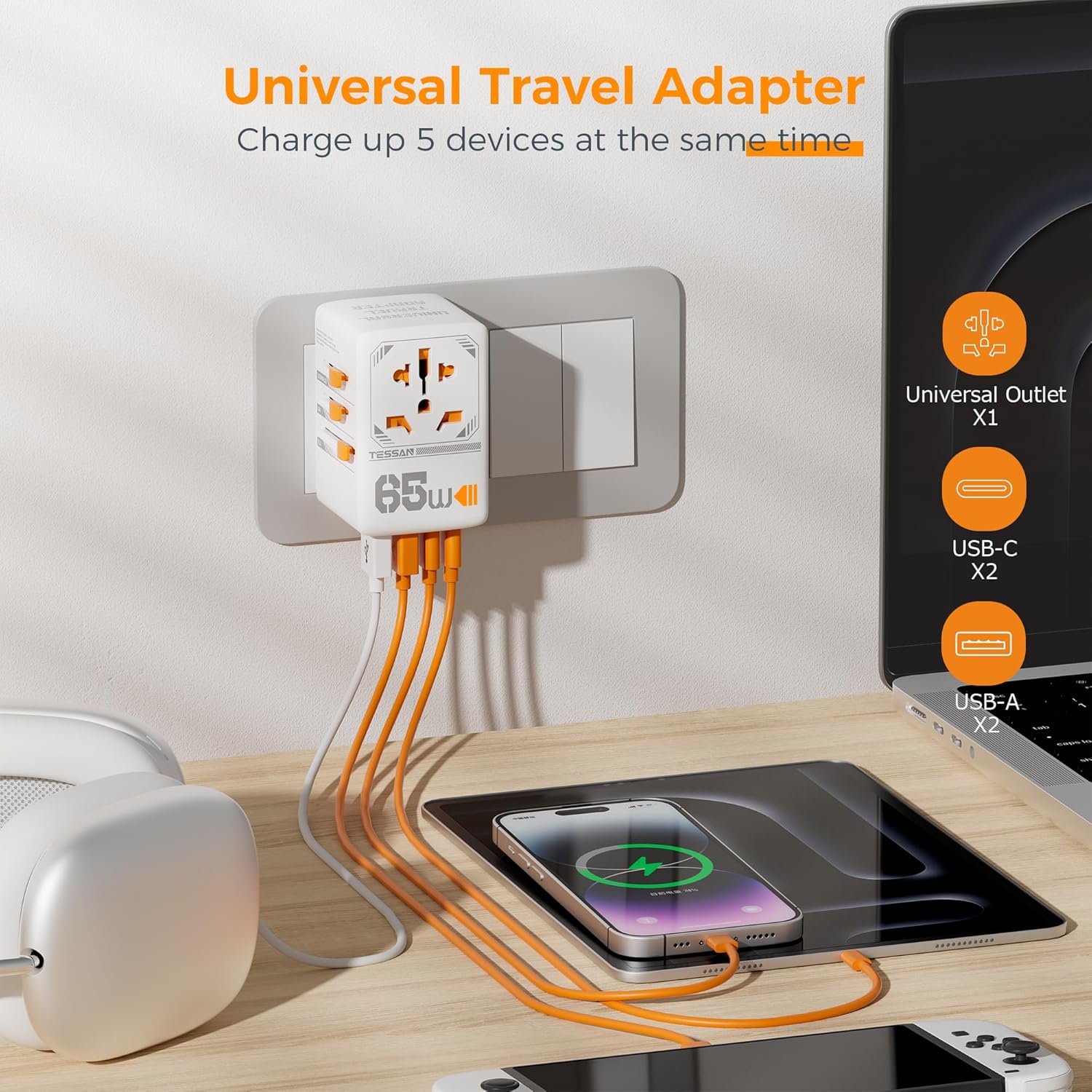 TESSAN Universal Travel Adapter, 65W GaN International Plug Adaptor with 4 USB(2 USB C) Charging Ports, Worldwide Power Outlet for US to European EU UK AUS Ireland(Type C/G/A/I)