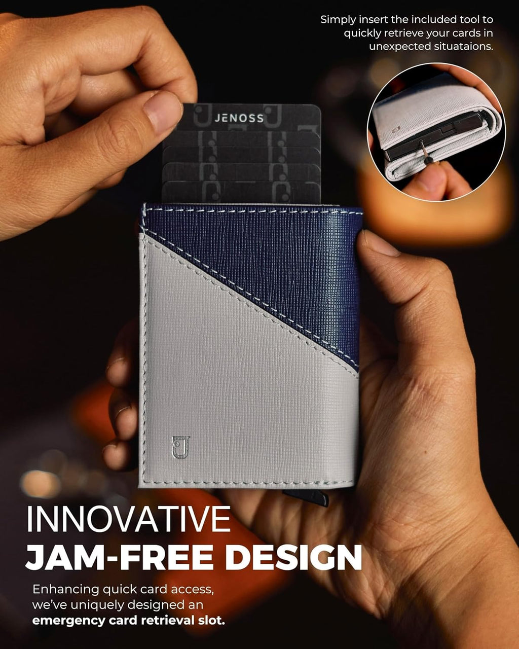 Jenoss Smart Wallet For Men: Full Grain Leather, Handcrafted, Slide Metal Pop Up Case, Slim RFID Blocking Credit Card Holder, Minimalist, Compact 12 Cards Slot Organizers, ID, Money Clip (Grey & Navy)