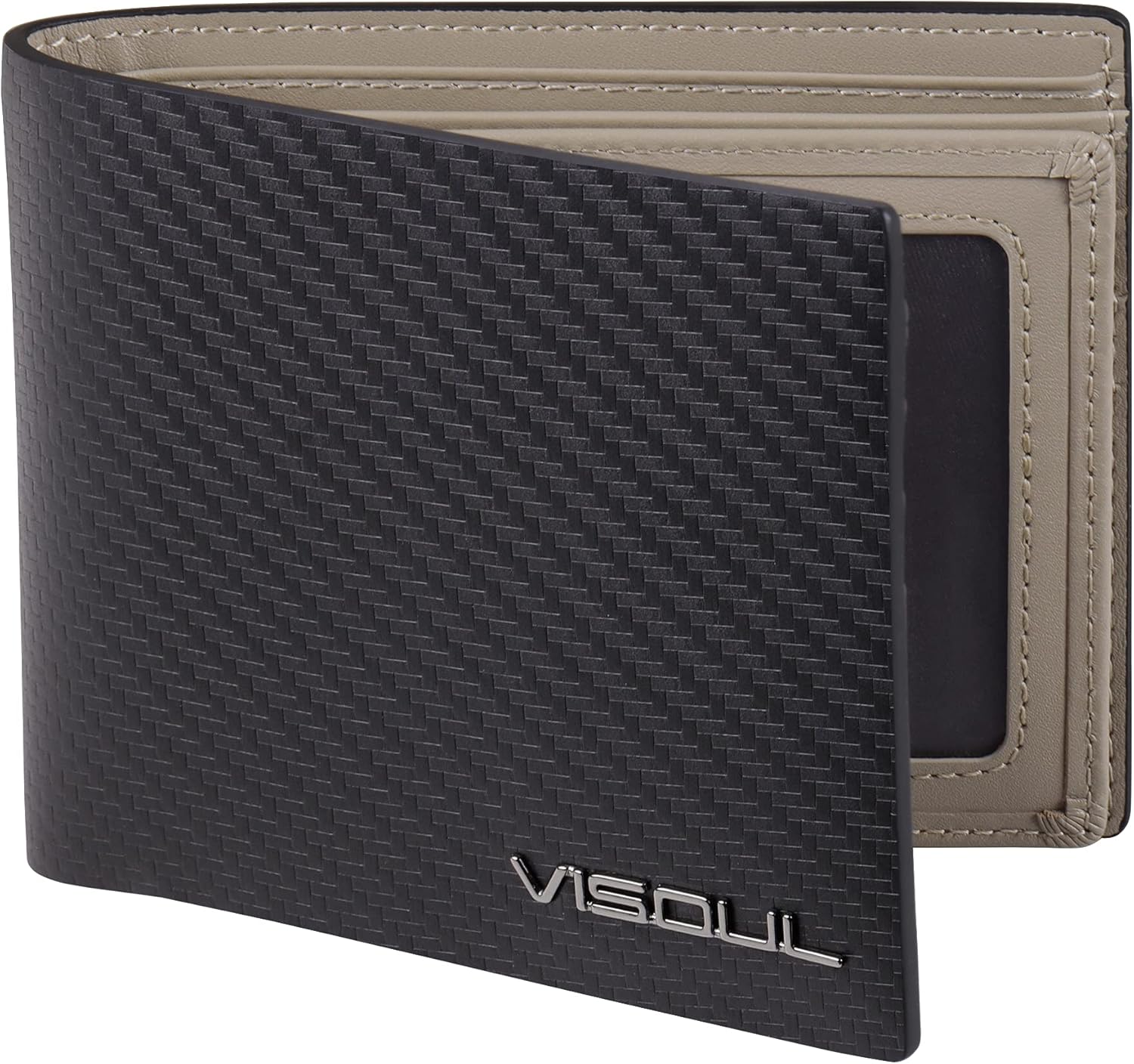 VISOUL Mens Carbon Fiber Leather Bifold Wallet with 2 ID Windows, RFID Blocking Wallet with 2 Money Compartments, Stylish Two-tone Back Pocket Wallet for Men (Black+Light Gray)