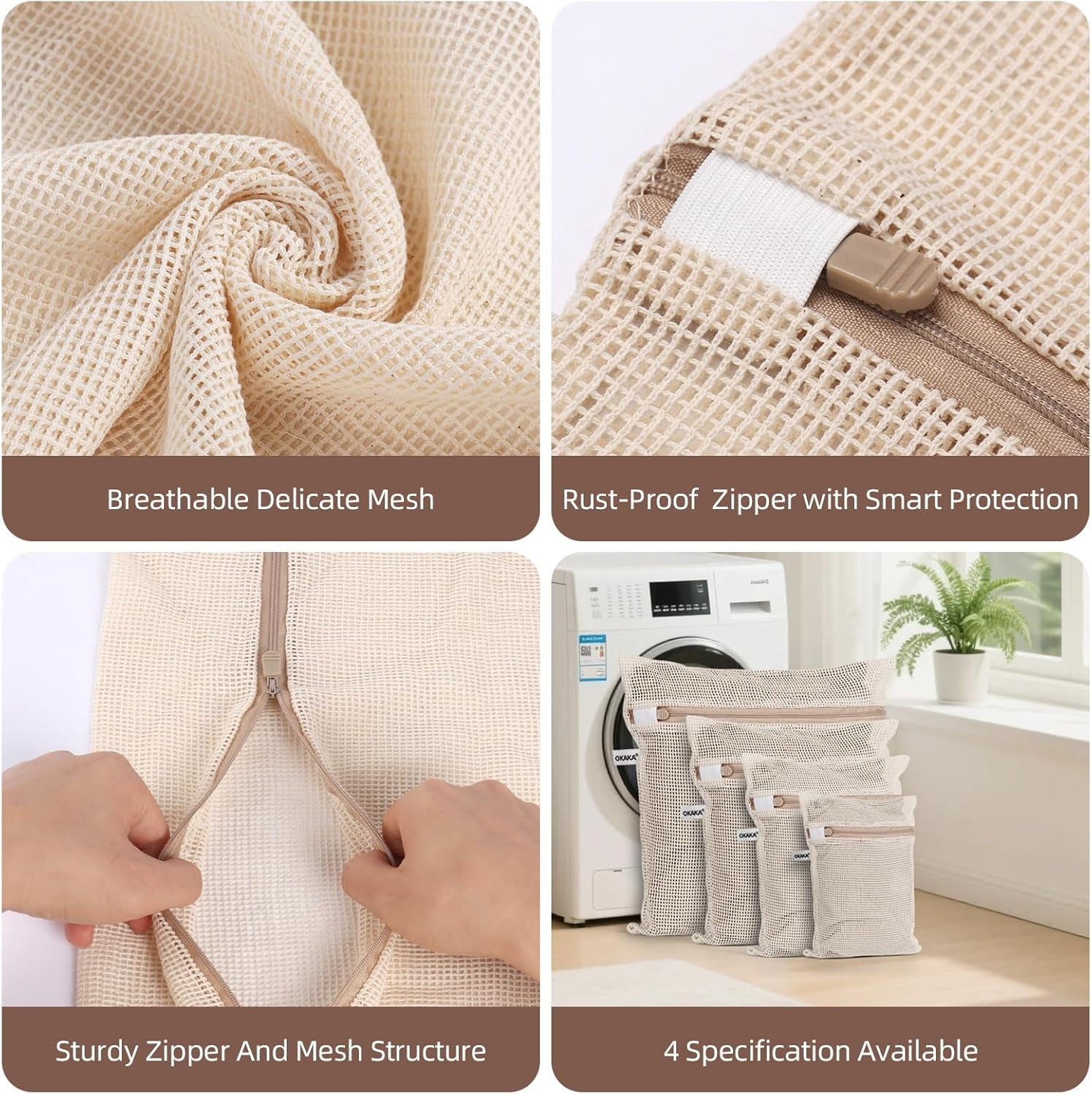 100% Cotton Mesh Laundry Bags, Premium Soft, No Dye, Set of 4, Natural