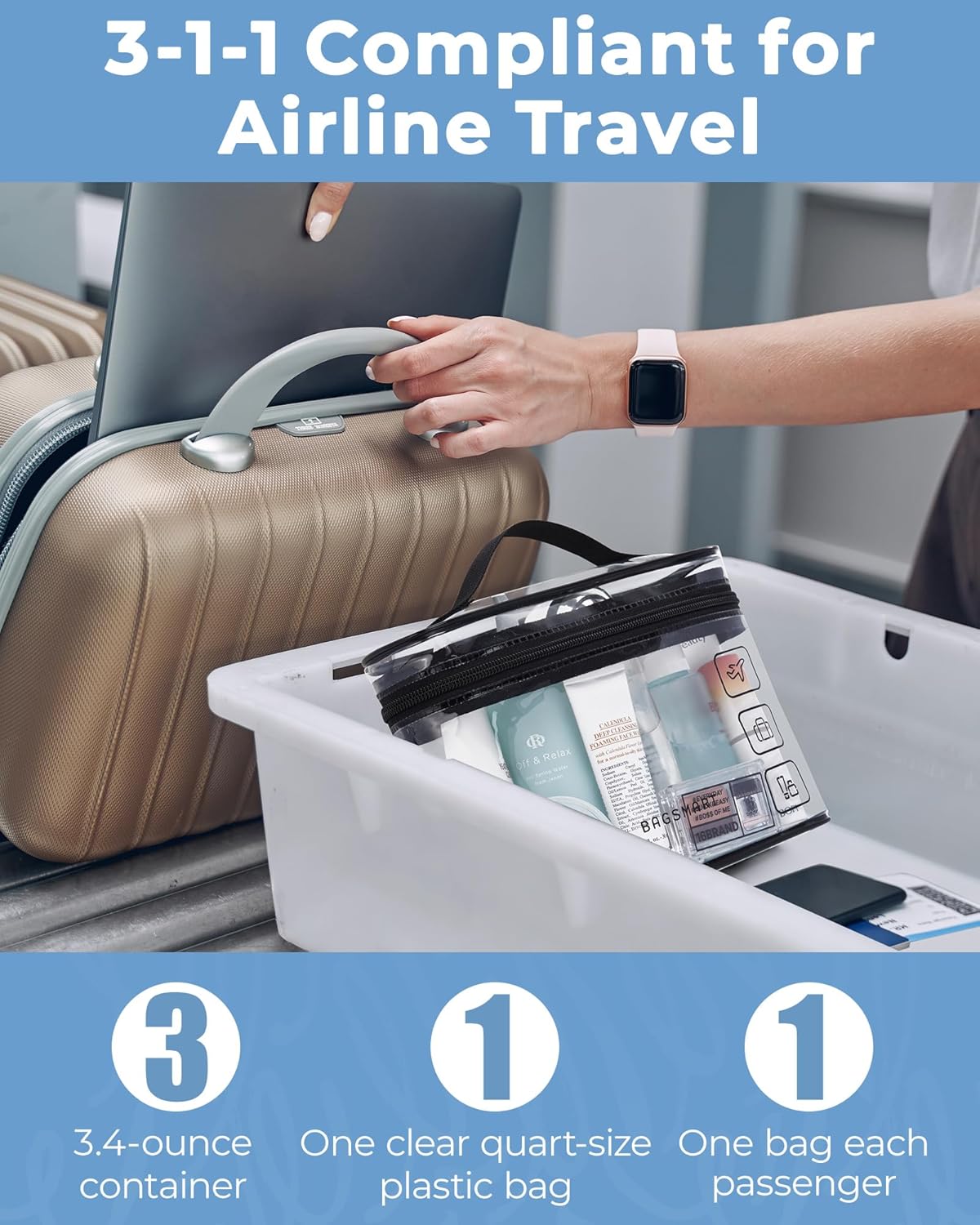 BAGSMART TSA Approved Toiletry Bag, 2 Pack Clear Makeup Cosmetic Bag Organizer, Quart Size Travel Bag for Toiletries, Carry-on Travel Accessories Essentials, Rose Red-2pcs