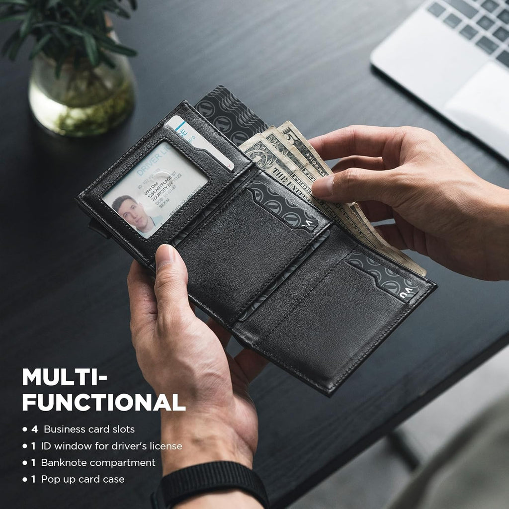 VULKIT Pop up Card Wallet Minimalist Cash Wallets RFID Blocking Leather Smart Credit Card Holder with ID window for Men