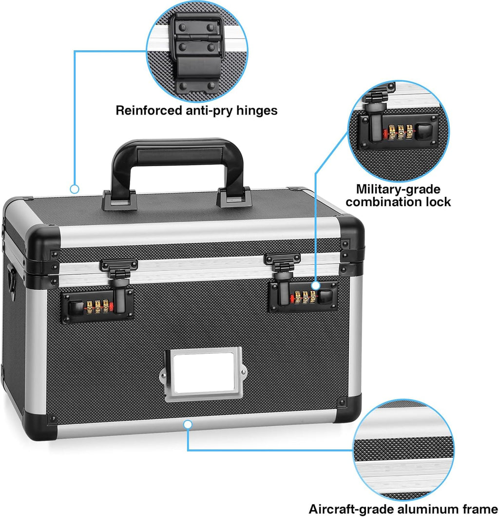 10.2 x 7 x 7.5 Inch Lockable Storage Box with Combination Lock, Portable Safe for Documents, Medicine, Cash & Valuables, Medicine Lock Box with Label Slot for Home, Office & Travel - Black