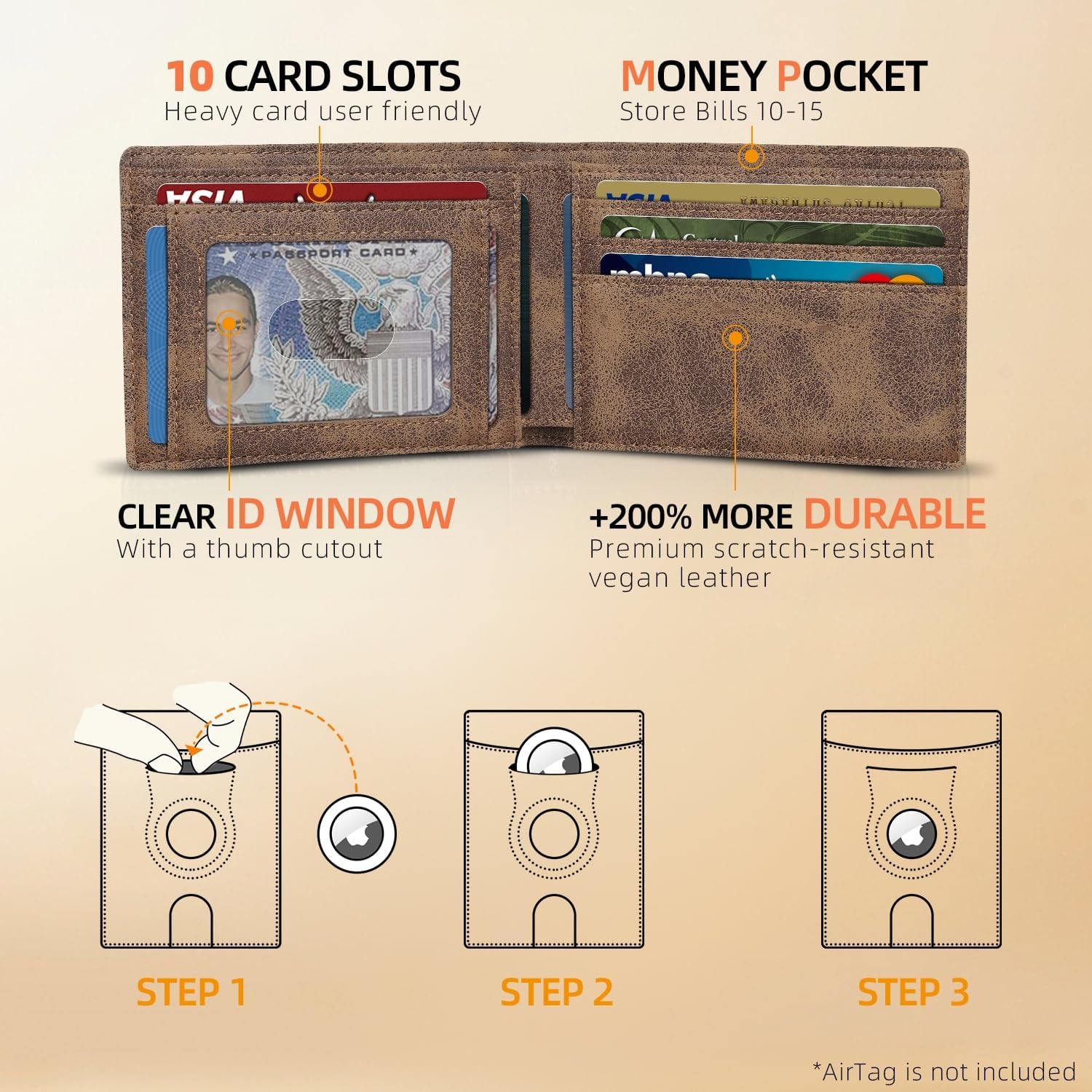 RUNBOX AirTag-Wallet-Mens-Slim-RFID Blocking Wallets Leather with Bill Compartment Air Tag Bifold Card Holder Wallet Gifts for Men Dad