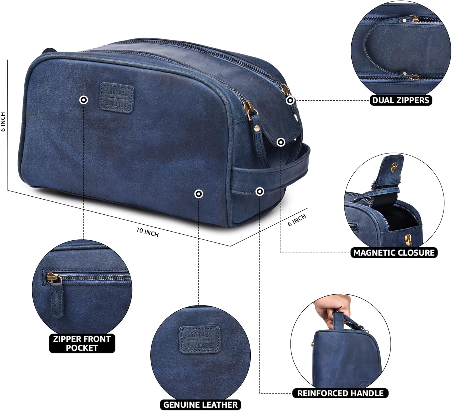 LEATHER VILLAGE Premium Leather Toiletry Travel Pouch With Waterproof Lining - Blue | King-Size Handcrafted Vintage Dopp Kit Bag
