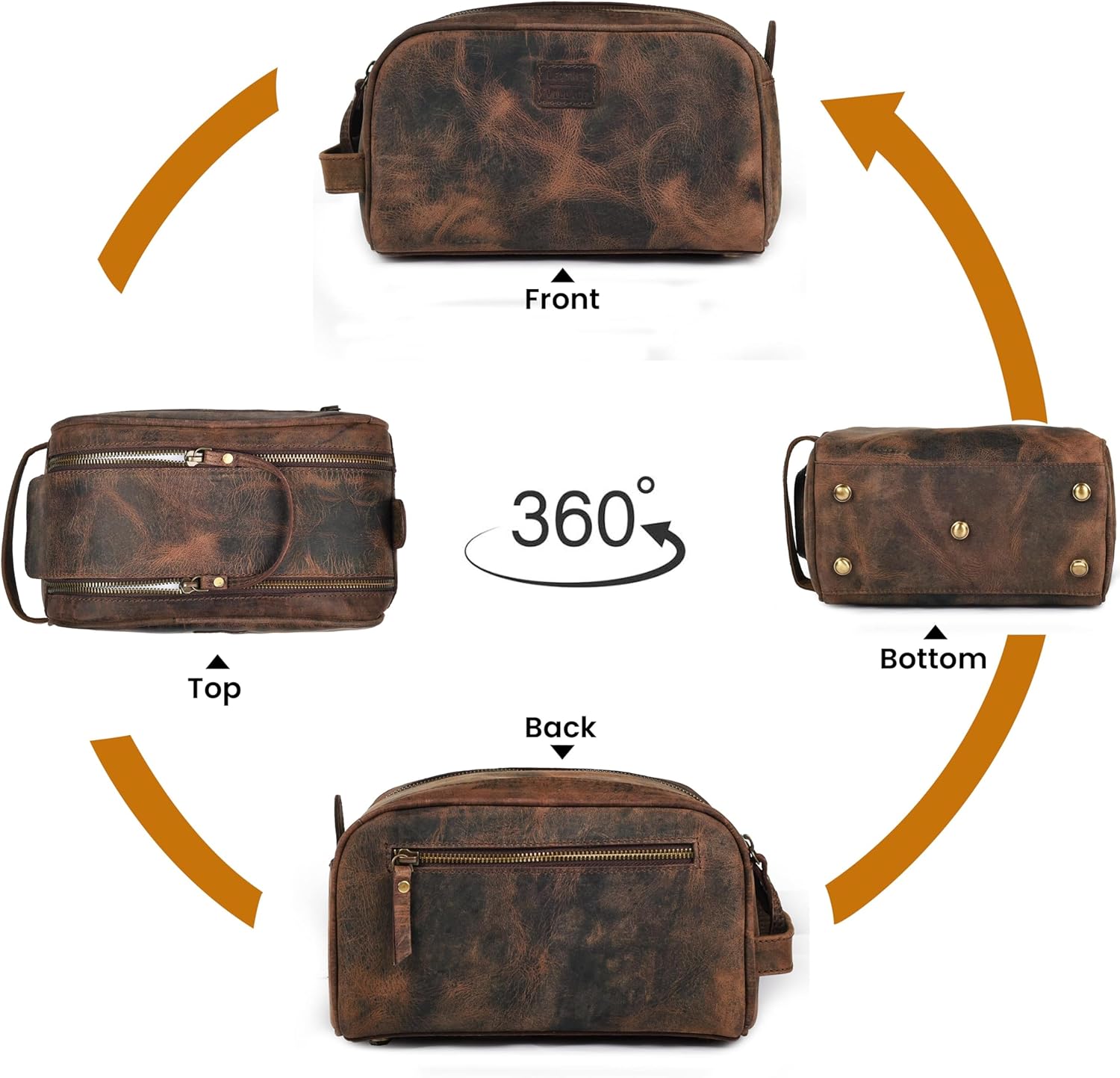 LEATHER VILLAGE Premium Leather Toiletry Travel Pouch With Waterproof Lining - Brown | King-Size Handcrafted Vintage Dopp Kit Bag