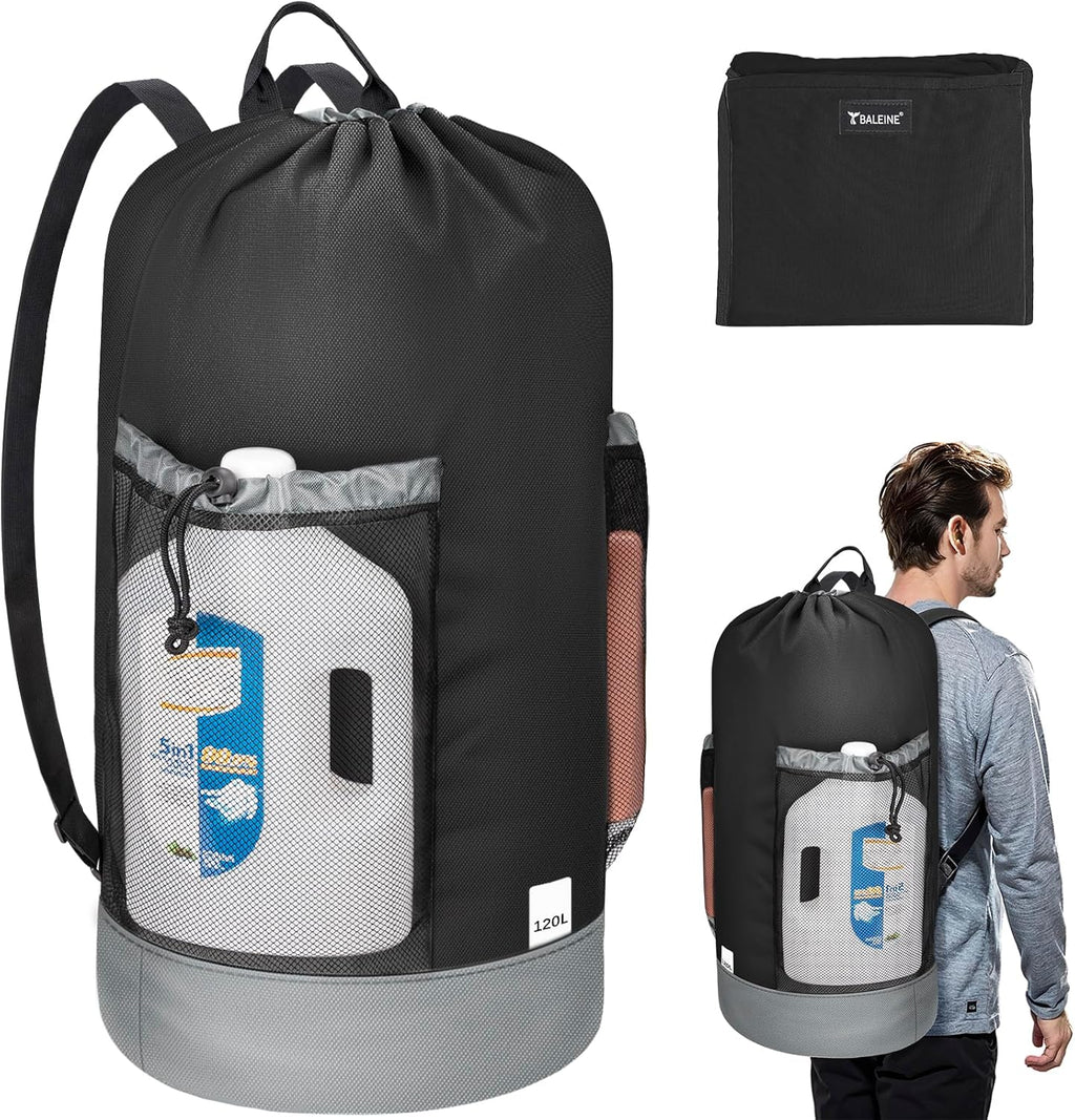 BALEINE 120L Laundry Bag Backpack, 900D Oxford Fabric Large Travel Laundry Bags with Shoulder Straps and 2 Mesh Pockets for College Dorm, Apartment, Laundromat (Black, 120L)