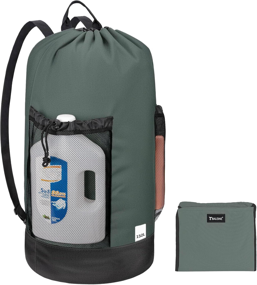 BALEINE 150L Laundry Bag Backpack, 900D Oxford Fabric Large Travel Laundry Bags with Shoulder Straps and 2 Mesh Pockets for College Dorm, Apartment, Laundromat (Dark Grey, 150L)