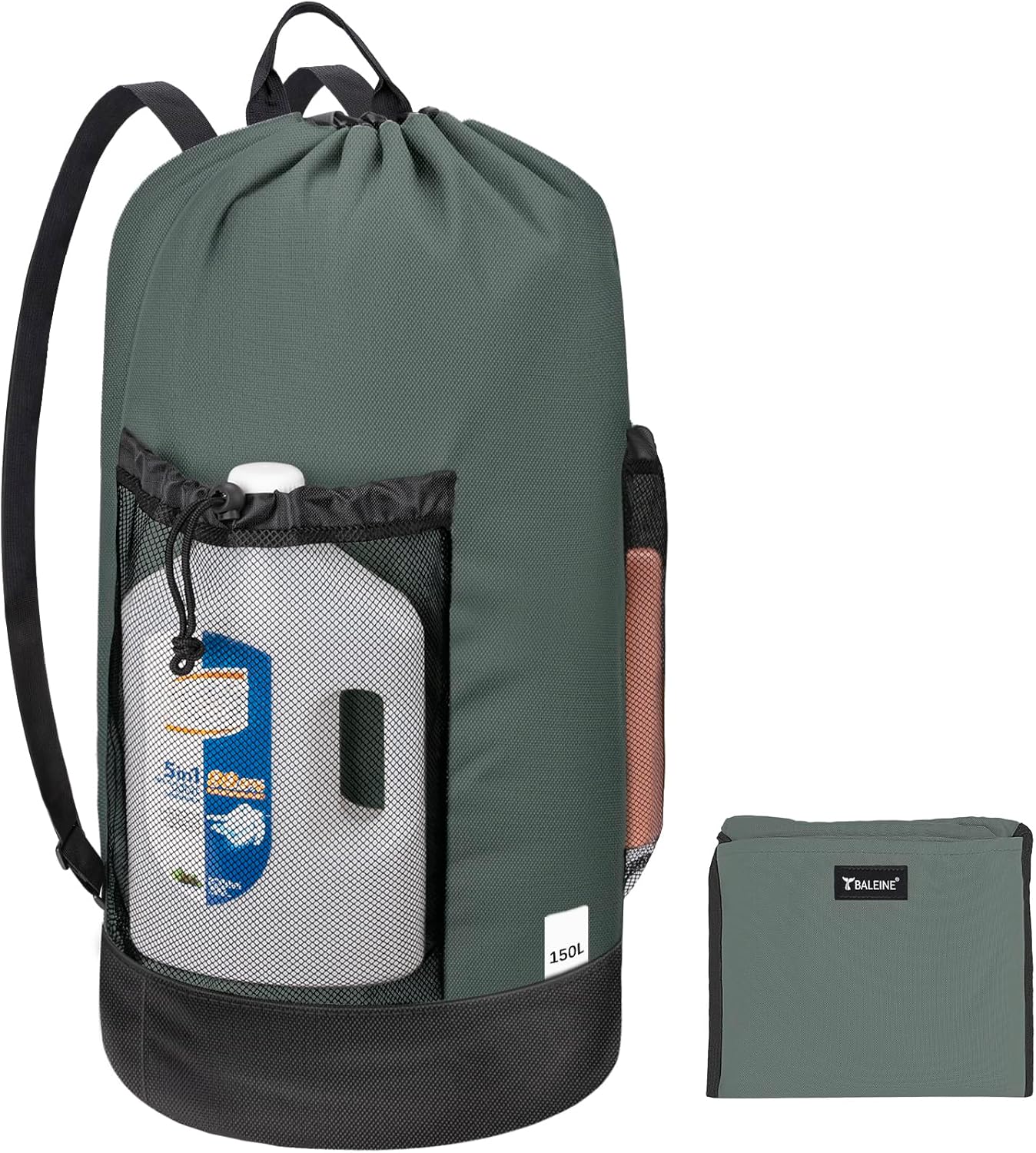 BALEINE 150L Laundry Bag Backpack, 900D Oxford Fabric Large Travel Laundry Bags with Shoulder Straps and 2 Mesh Pockets for College Dorm, Apartment, Laundromat (Dark Grey, 150L)