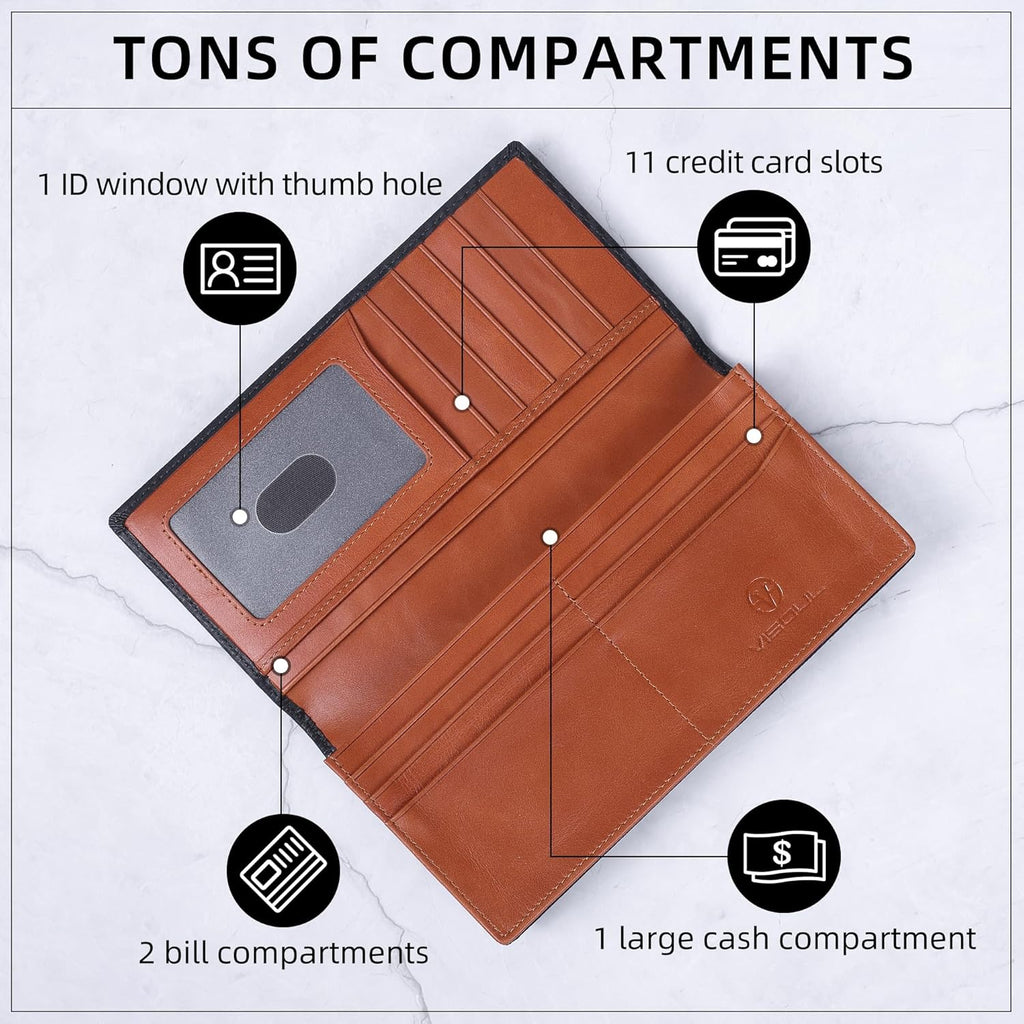 VISOUL Mens Billfold Long Checkbook Wallet Leather with RFID Blocking, Large Bifold Secretary Cash Wallet Tall with 12 Card Slots for Men (Black+Orange)