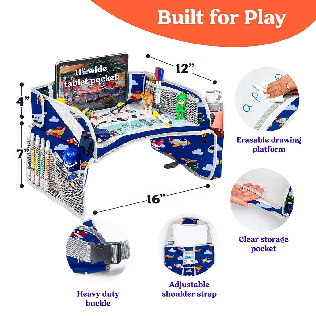 PILLANI Kids Travel Tray for Car - Car Seat Tray for Kids Travel, Road Trip Essentials, Carseat Table for Roadtrip Activities - Must Have Toddler Lap Desk Organizer for Airplane - Travel Accessories