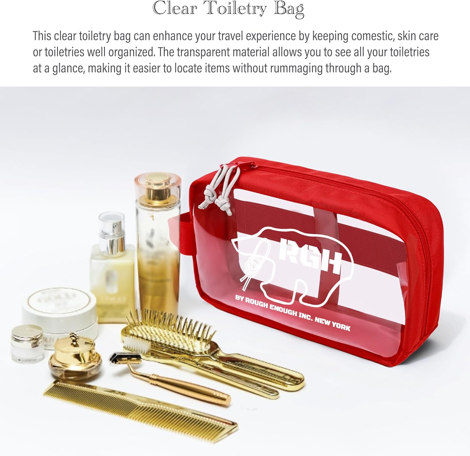 Rough Enough Clear Toiletry Bag Travel Cosmetic Makeup Toothbrush Case Pouch Organizer for Women Men Leakproof Traveling Essentials Red