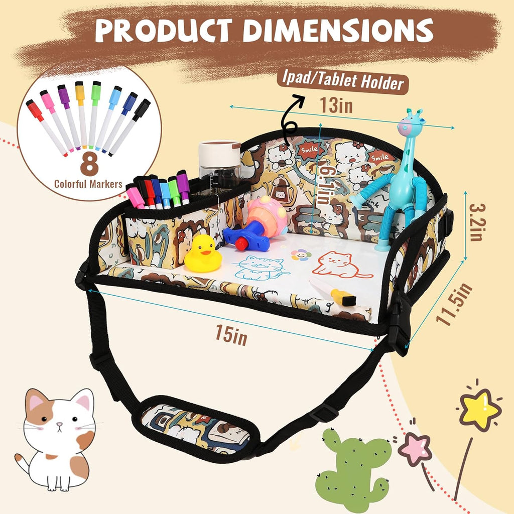 Kids Travel Tray for Airplane - Toddler Car Seat Table Tray, Road Trip Essentials for Boys & Girls, Carseat Lap Desk for Kids Road Trip Activities, Cute Kitten