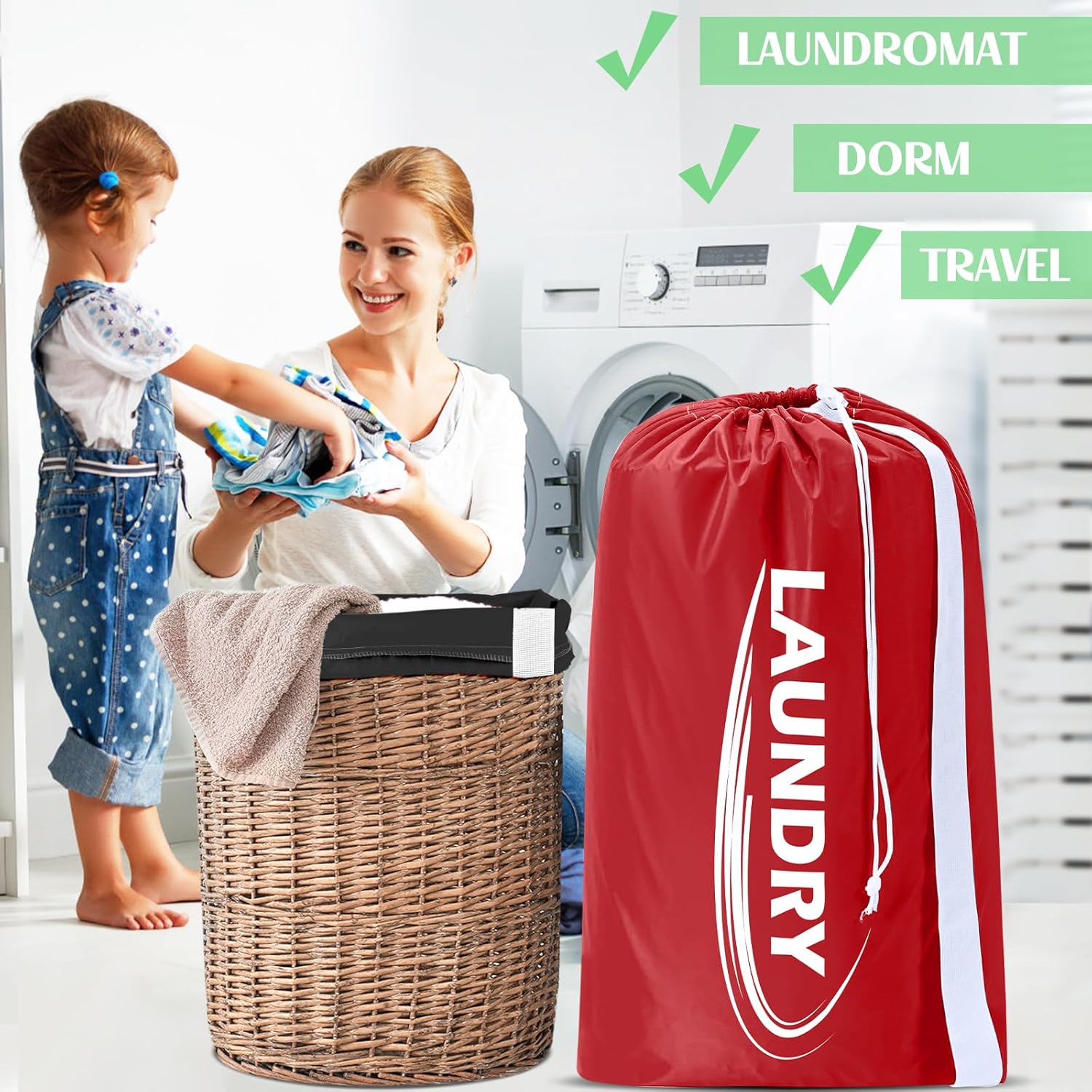 Sylfairy 2 Pack XL Laundry Bag with Strap,Heavy Duty Travel Laundry Bag,Rip-Stop Dirty Clothes Shoulder Bag with Drawstring,Easy Fit a Laundry Hamper or Basket Travel Essentials