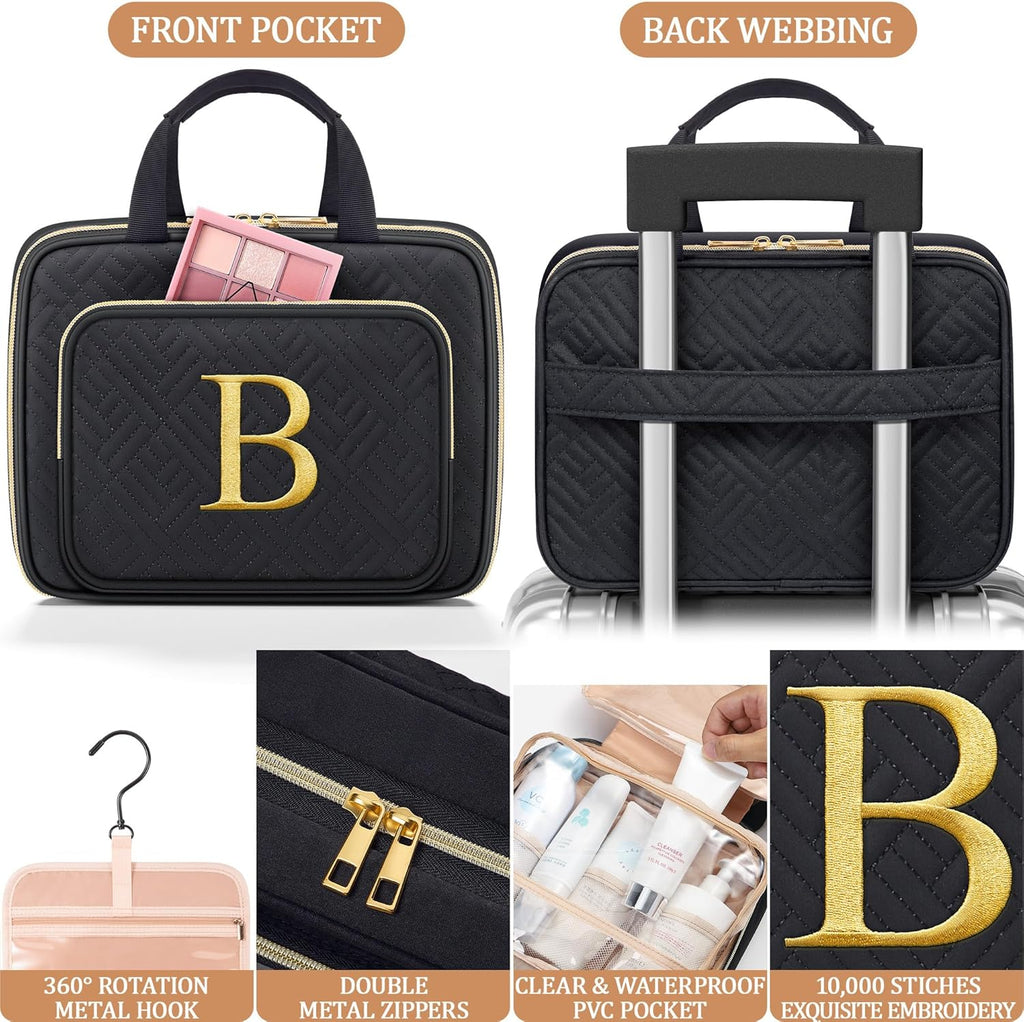 Personalized Gifts for Women, Initial Toiletry Bag Hanging Travel Organizer & Makeup Cosmetic Bag with Embroidery Letter Teacher Appreciation Gift Birthday Mothers Day Gifts for Mom Wife Friend Sister