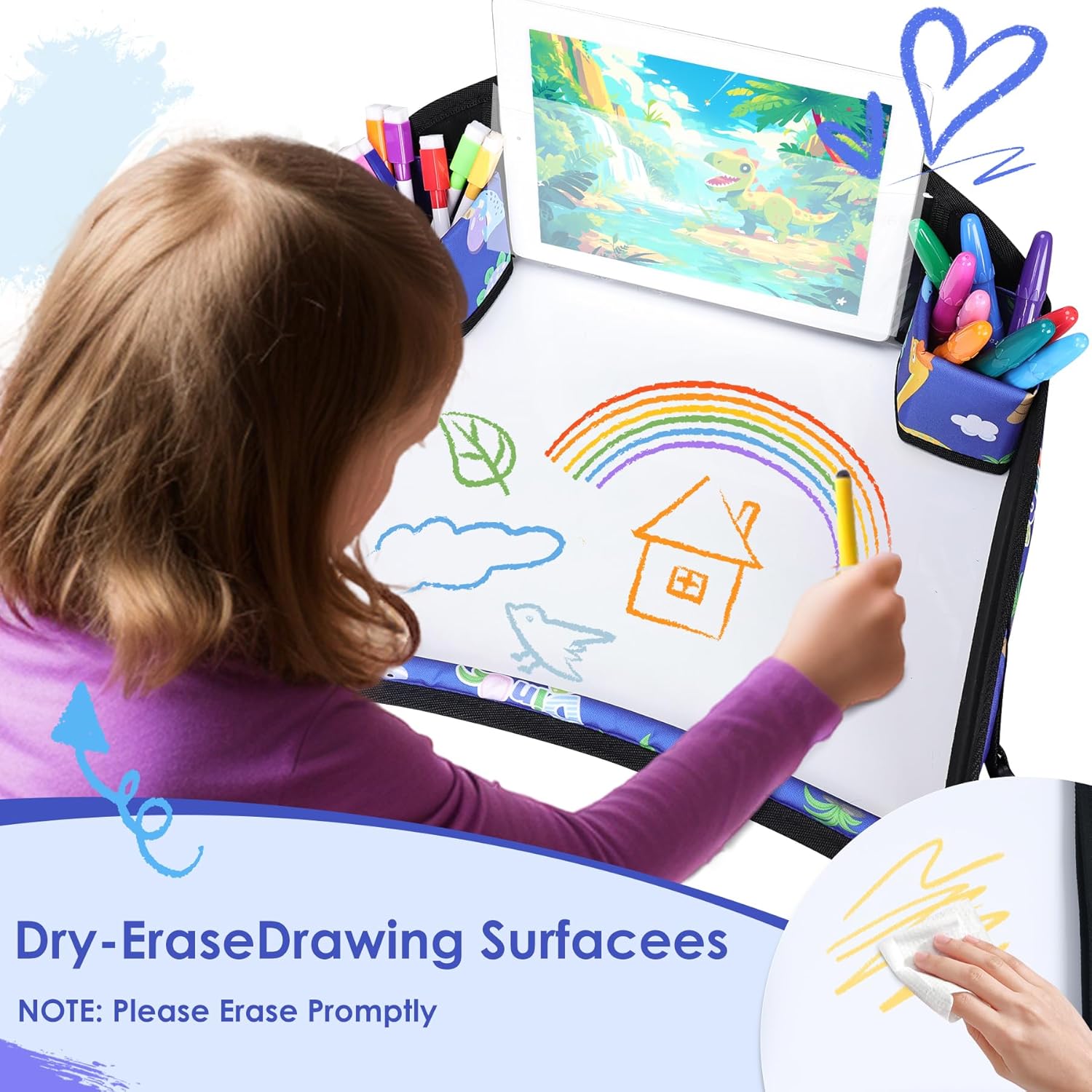 Kids Travel Tray for Car-Car Seat Tray for Kids Travel, Carseat Table Top for Toddler Road Trip Essentials With Drawing Kit, Kids Lap Desk Organizer for Car, Airplane (Blue Dinosaur)