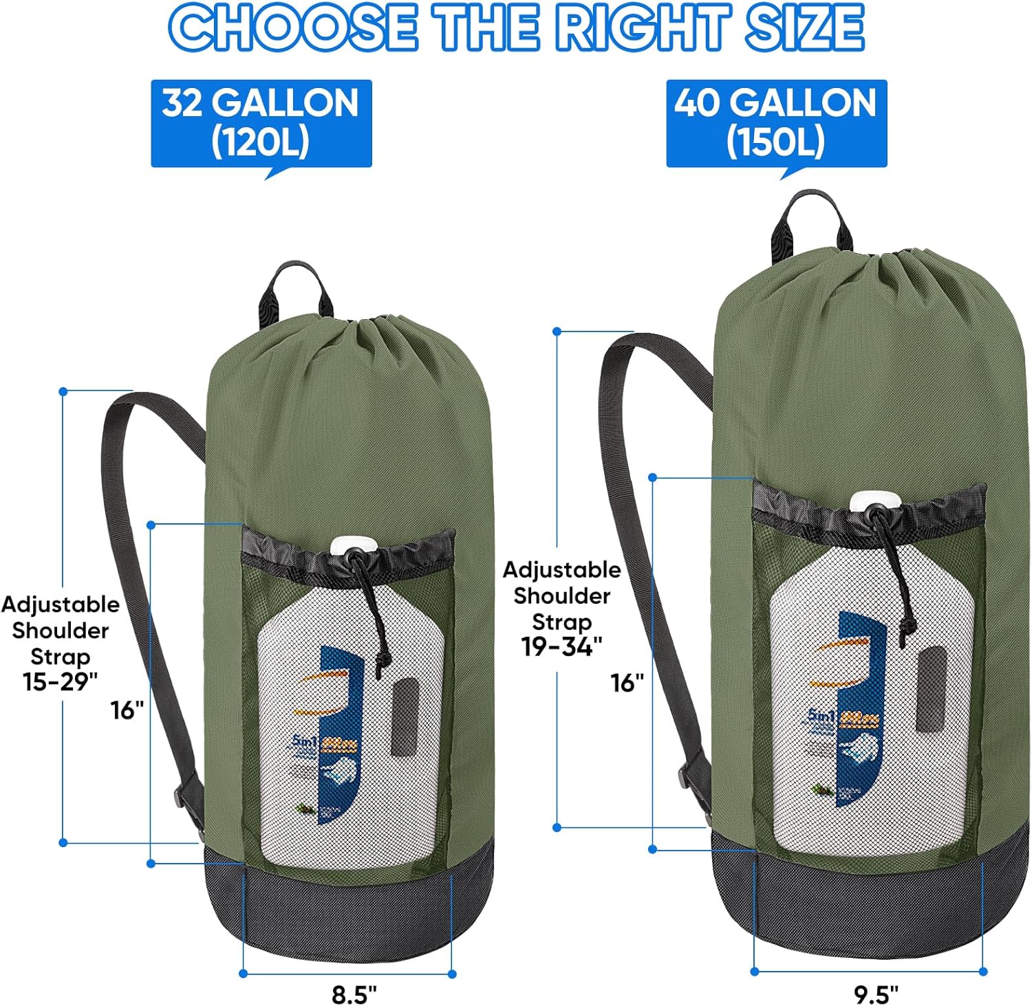 BALEINE 150L Laundry Bag Backpack, 900D Oxford Fabric Large Travel Laundry Bags with Shoulder Straps and 2 Mesh Pockets for College Dorm, Apartment, Laundromat (Green, 150L)