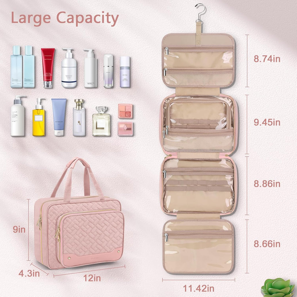 Wedama Toiletry Bag for Women, Hanging Travel Toiletry Bag with Jewelry Organizer Compartment Large Makeup Bag, PVC Waterproof Cosmetic Travel Bag for Travel Business Trips Camping Bathroom, Pink