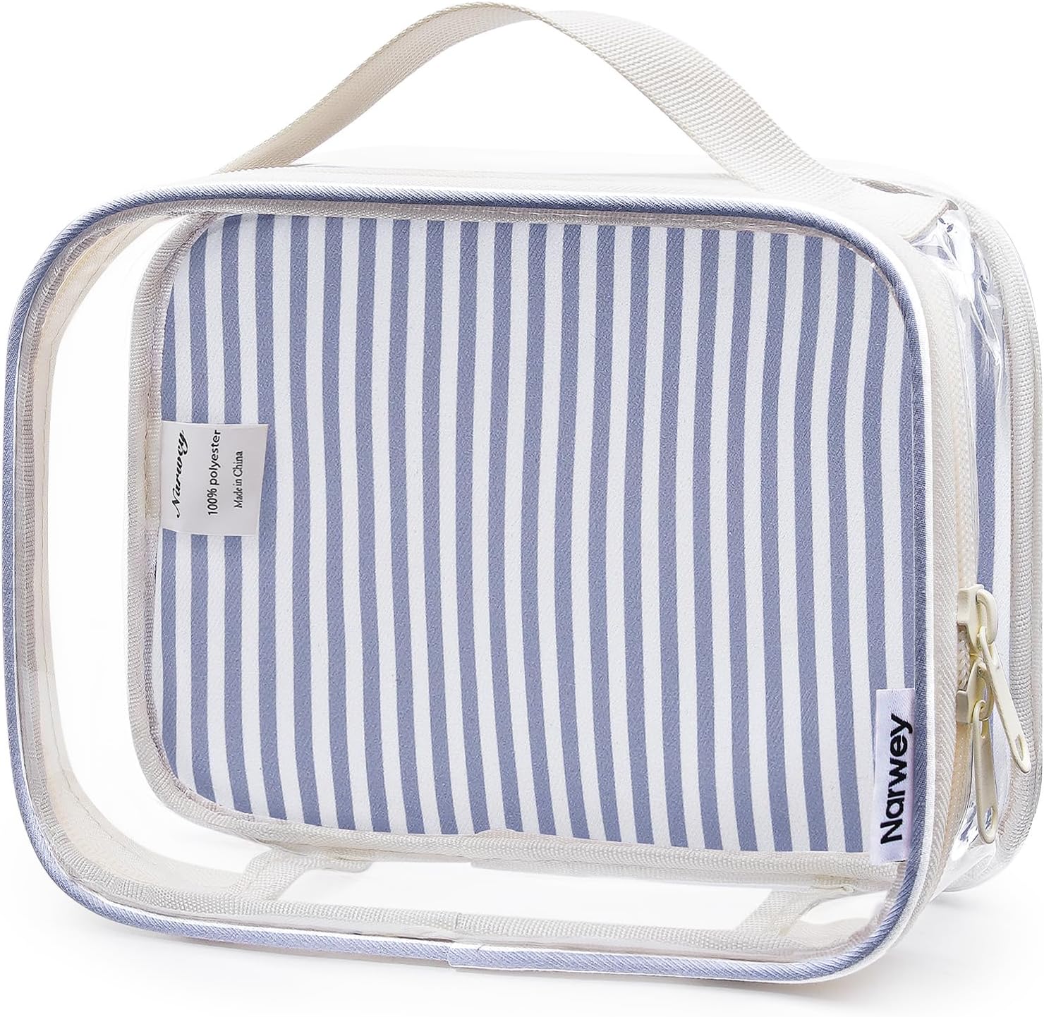 Narwey TSA Approved Clear Toiletry Bag for Travel, Waterproof PVC Clear Makeup Bags, Portable Compact Cosmetic Bag Make Up Organizer, Airport Airline Quart Size Compliant Bag (Greyish Blue Stripe)