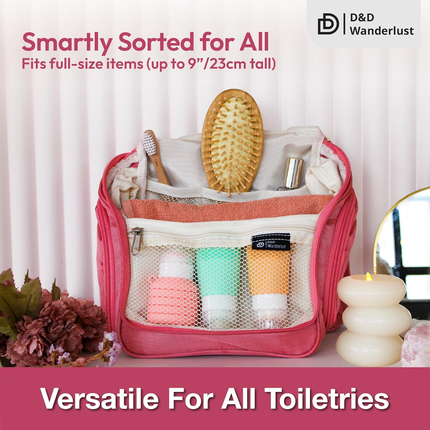 D&D Hanging Travel Toiletry Bag for Men and Women – Large Cosmetics, Makeup and Toiletries Organizer Kit with 10 Compartments, YKK Zippers, XXL Metal Swivel Hook, Water-Resistant Nylon