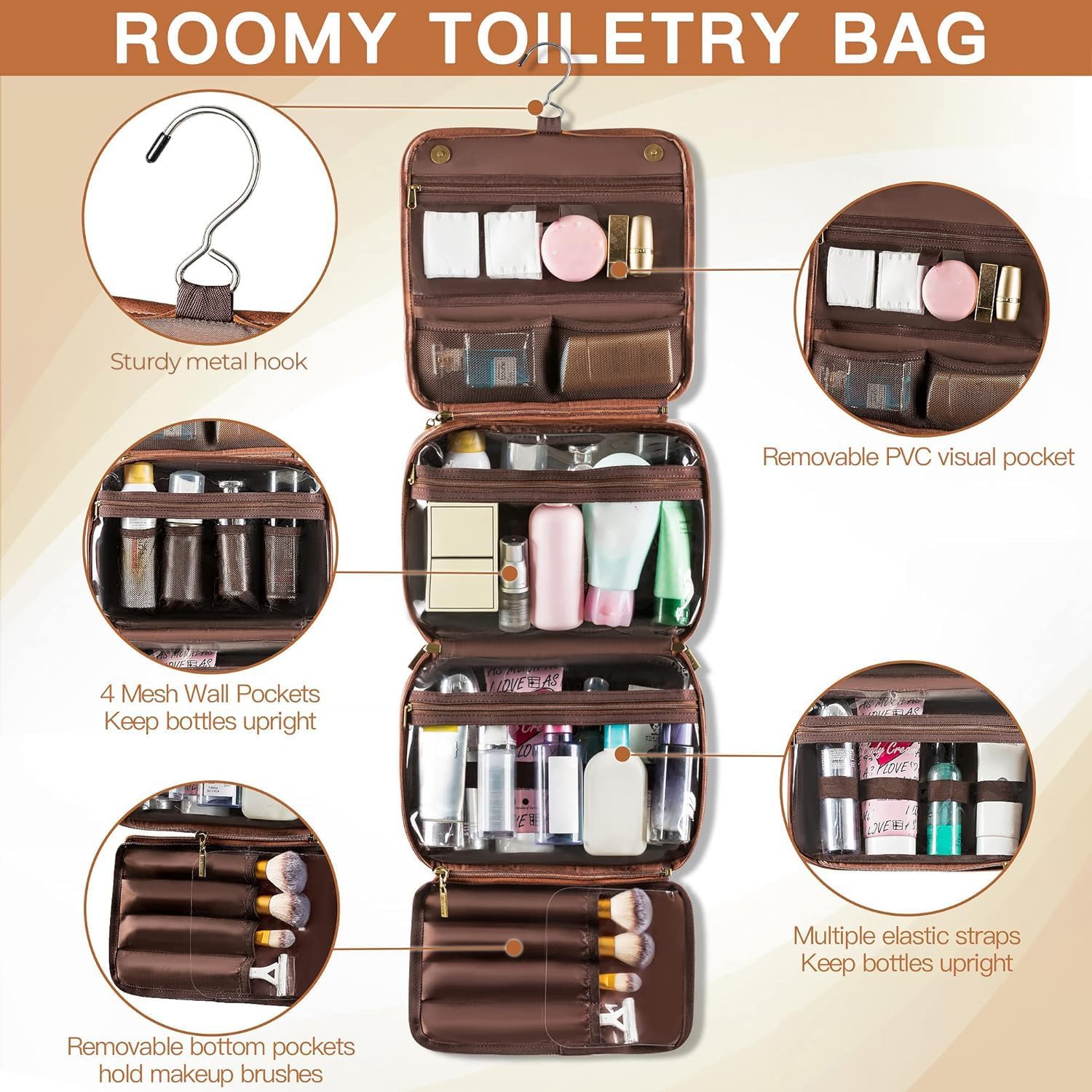 Elviros Hanging Toiletry Bag Removable Travel Bag PU leather Makeup Cosmetic Organizer Kit, Dark Brown