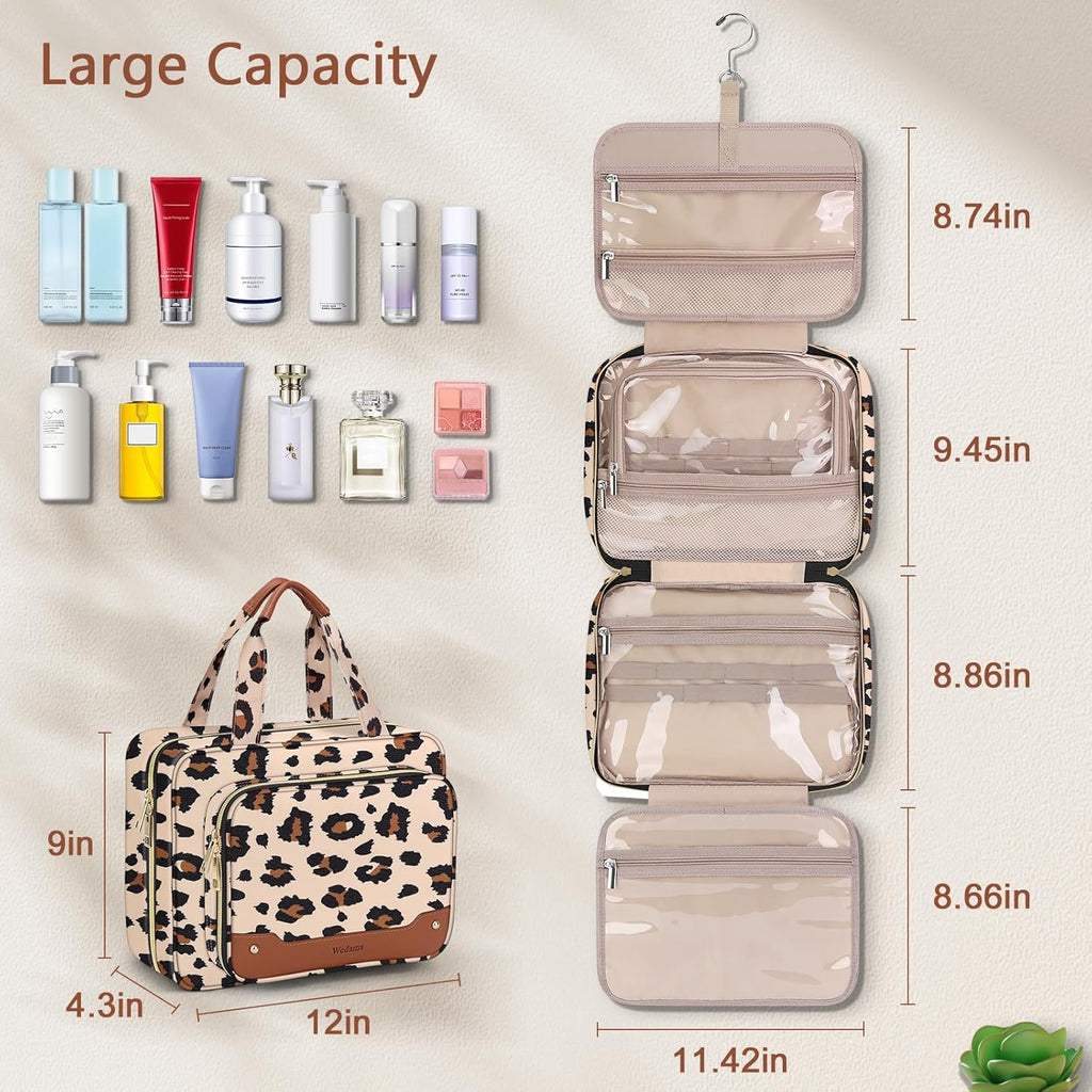 Wedama Toiletry Bag for Women, Hanging Travel Toiletry Bag with Jewelry Organizer Compartment Large Makeup Bag, PVC Waterproof Cosmetic Travel Bag Trips Camping Bathroom, Leopard Print
